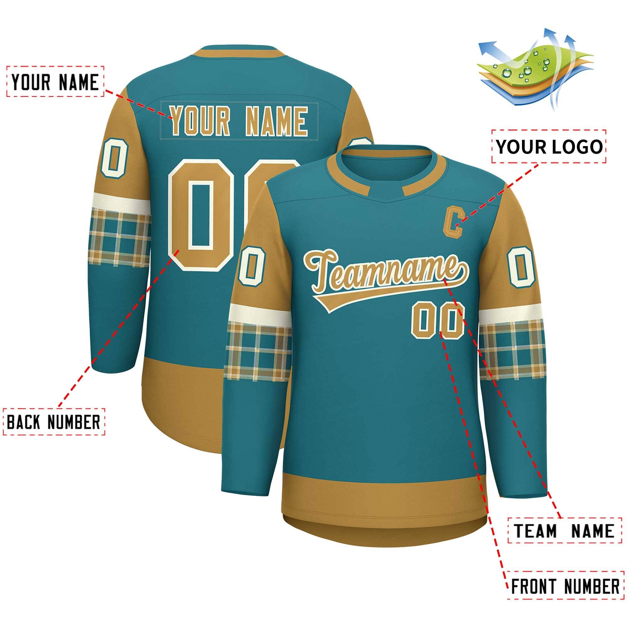 Custom Aqua Old Gold Personalized Raglan Sleeves Round-Neck Hockey Jersey | KXKSHOP