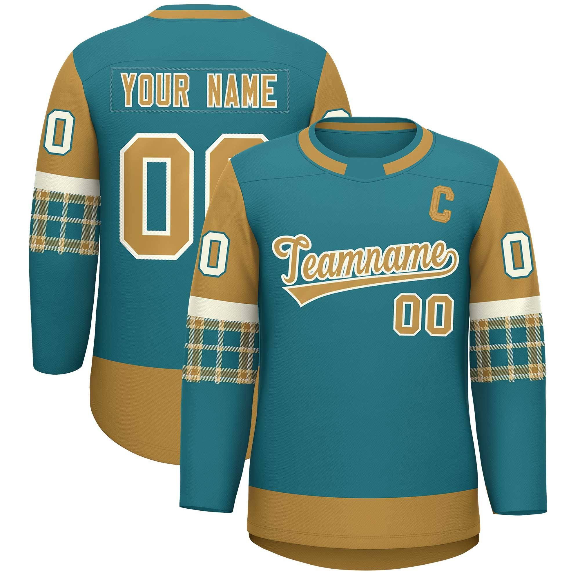 Custom Aqua Old Gold Personalized Raglan Sleeves Round-Neck Hockey Jersey | KXKSHOP