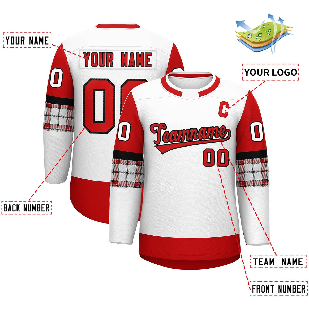 Custom White Red Personalized Raglan Sleeves Round-Neck Hockey Jersey | KXKSHOP