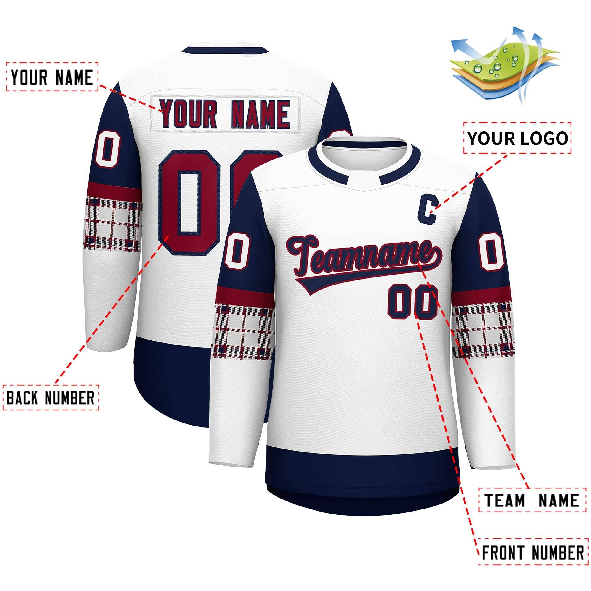 Custom White Navy Personalized Raglan Sleeves Round-Neck Hockey Jersey | KXKSHOP