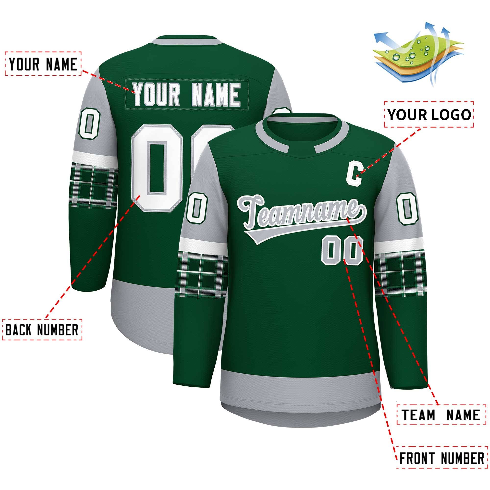 Custom Green Gray Personalized Raglan Sleeves Round-Neck Hockey Jersey | KXKSHOP