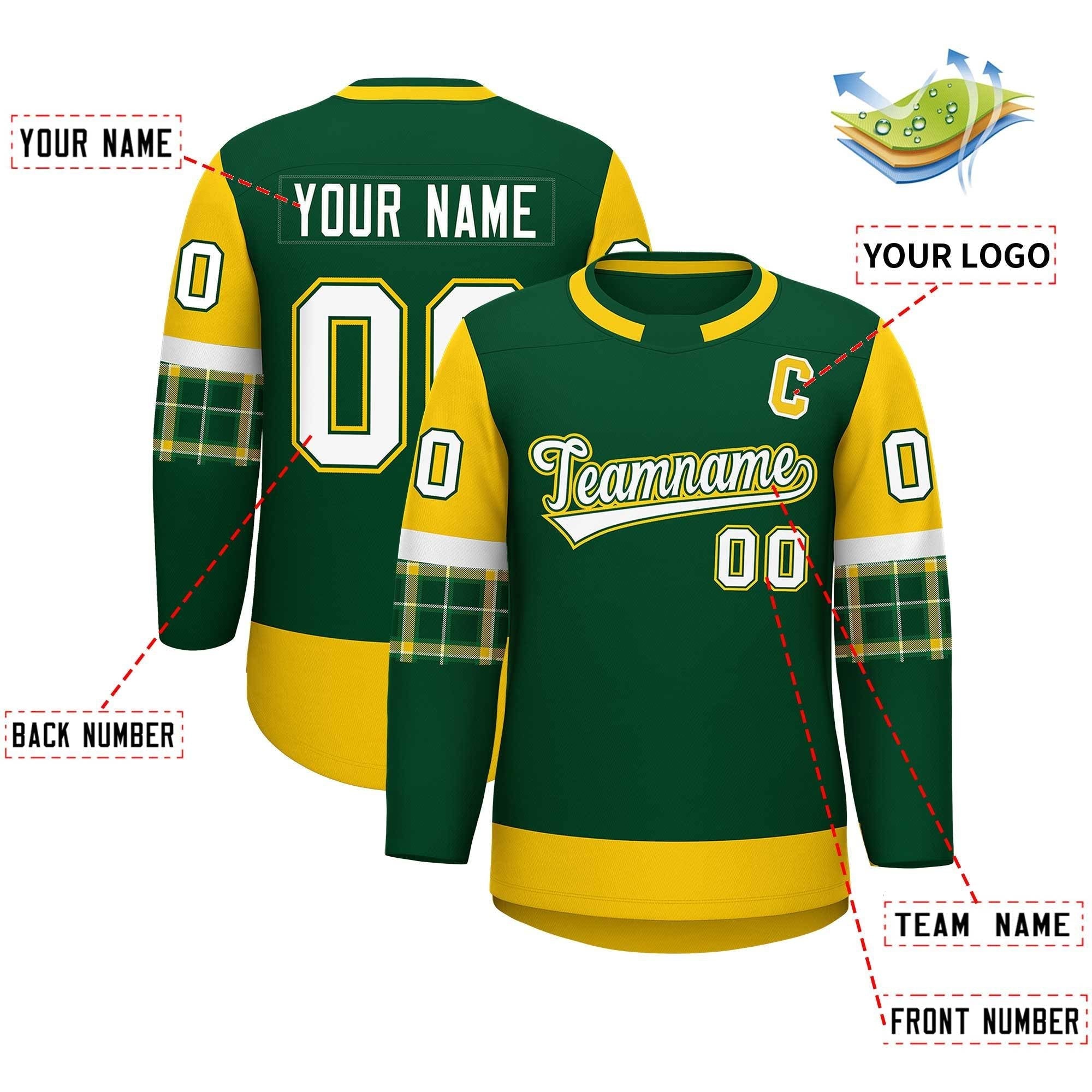 Custom Green Gold Personalized Raglan Sleeves Round-Neck Hockey Jersey | KXKSHOP