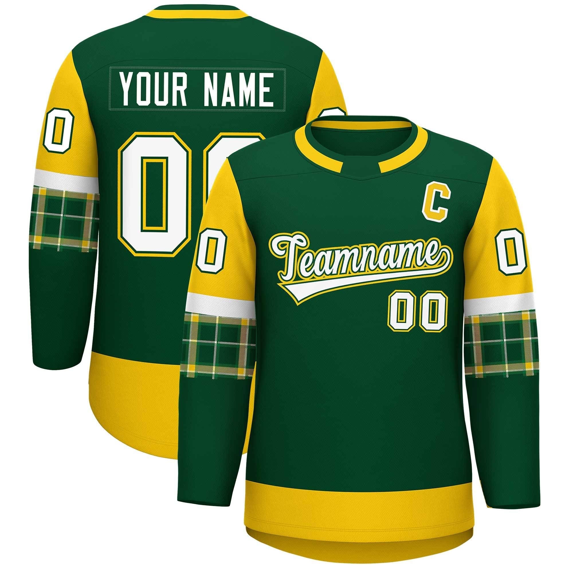 Custom Green Gold Personalized Raglan Sleeves Round-Neck Hockey Jersey | KXKSHOP