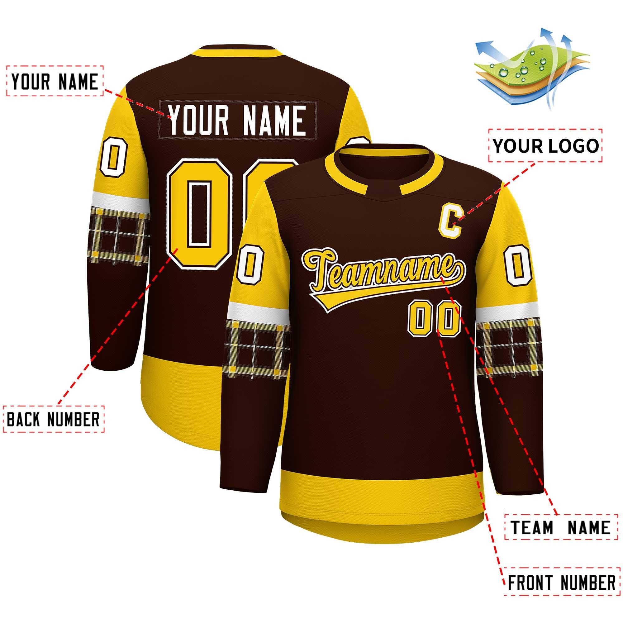 Custom Brown Gold Personalized Raglan Sleeves Round-Neck Hockey Jersey | KXKSHOP