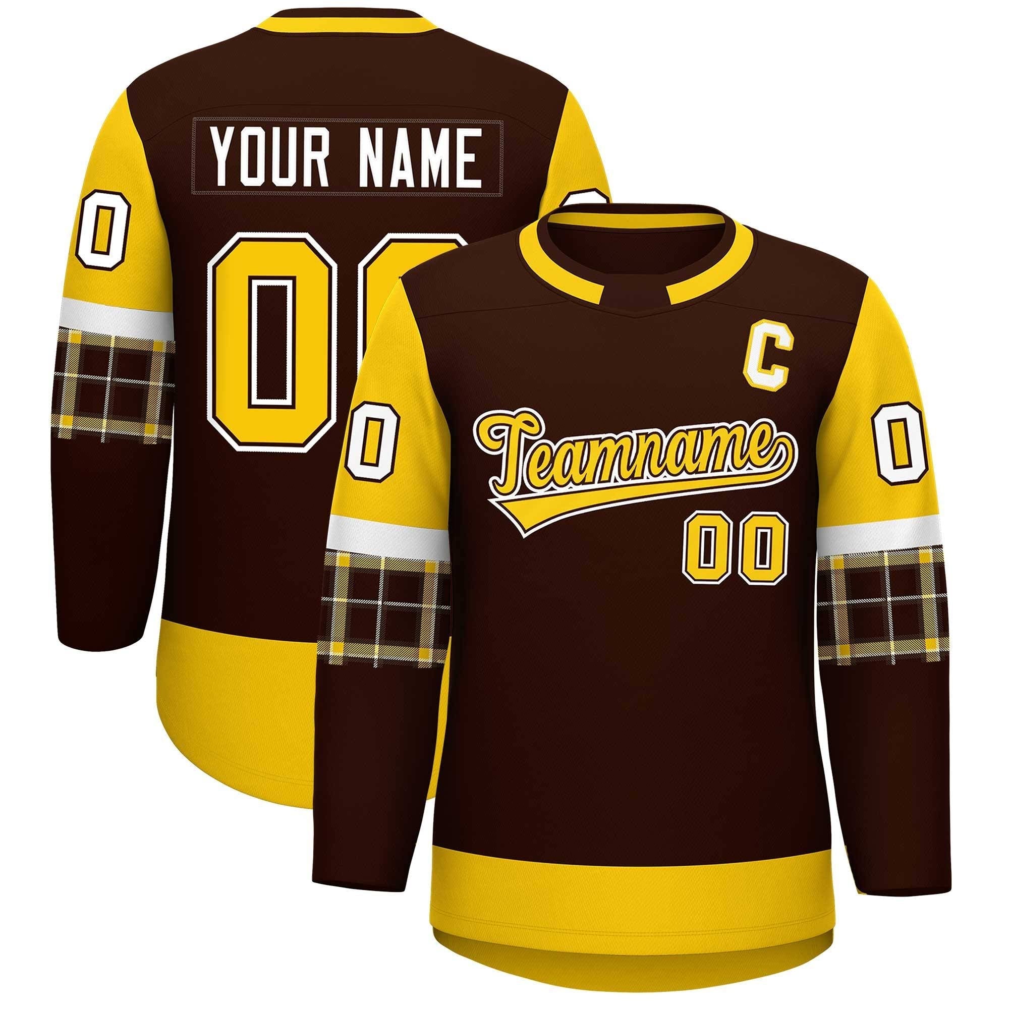 Custom Brown Gold Personalized Raglan Sleeves Round-Neck Hockey Jersey | KXKSHOP