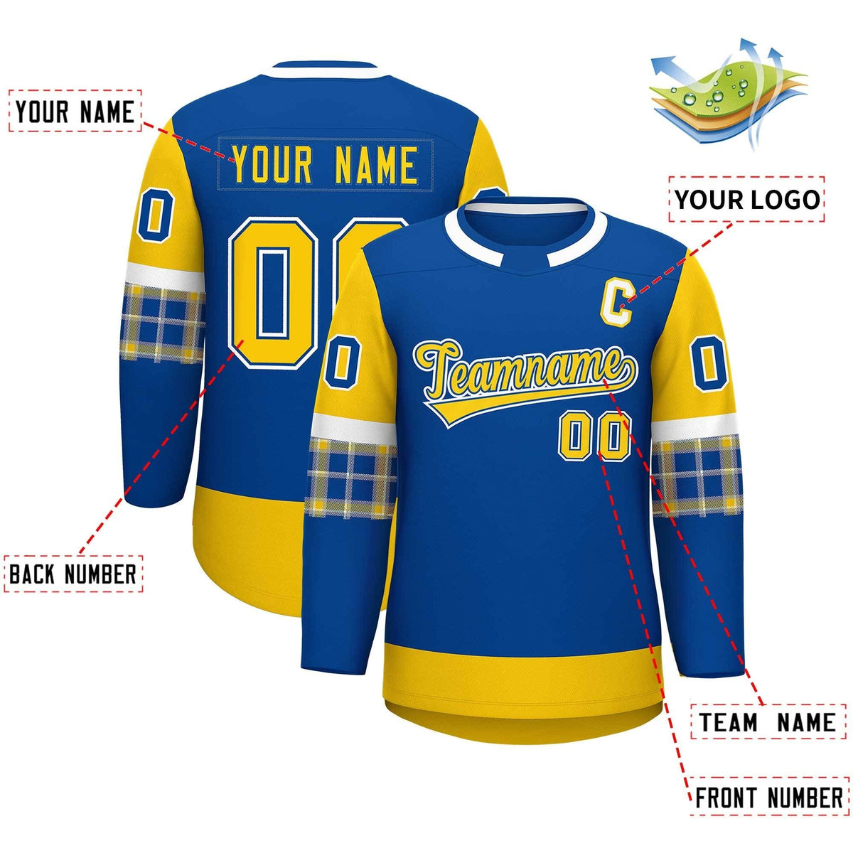 Custom Royal Gold Personalized Raglan Sleeves Round-Neck Hockey Jersey | KXKSHOP