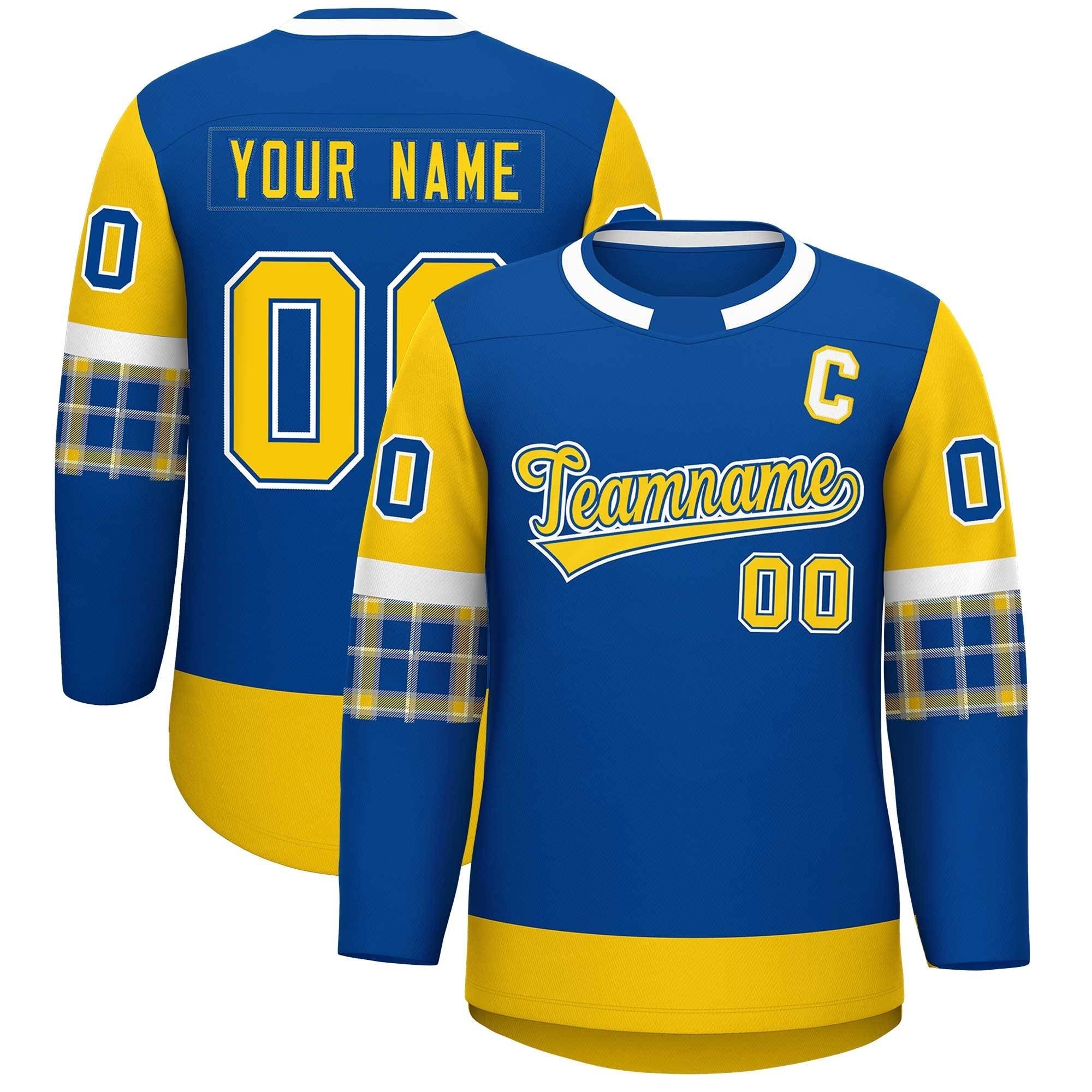 Custom Royal Gold Personalized Raglan Sleeves Round-Neck Hockey Jersey | KXKSHOP
