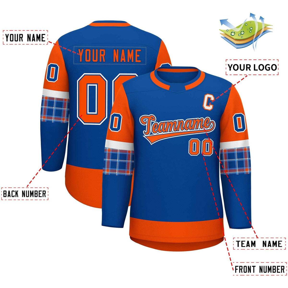 Custom Royal Orange Personalized Raglan Sleeves Round-Neck Hockey Jersey | KXKSHOP