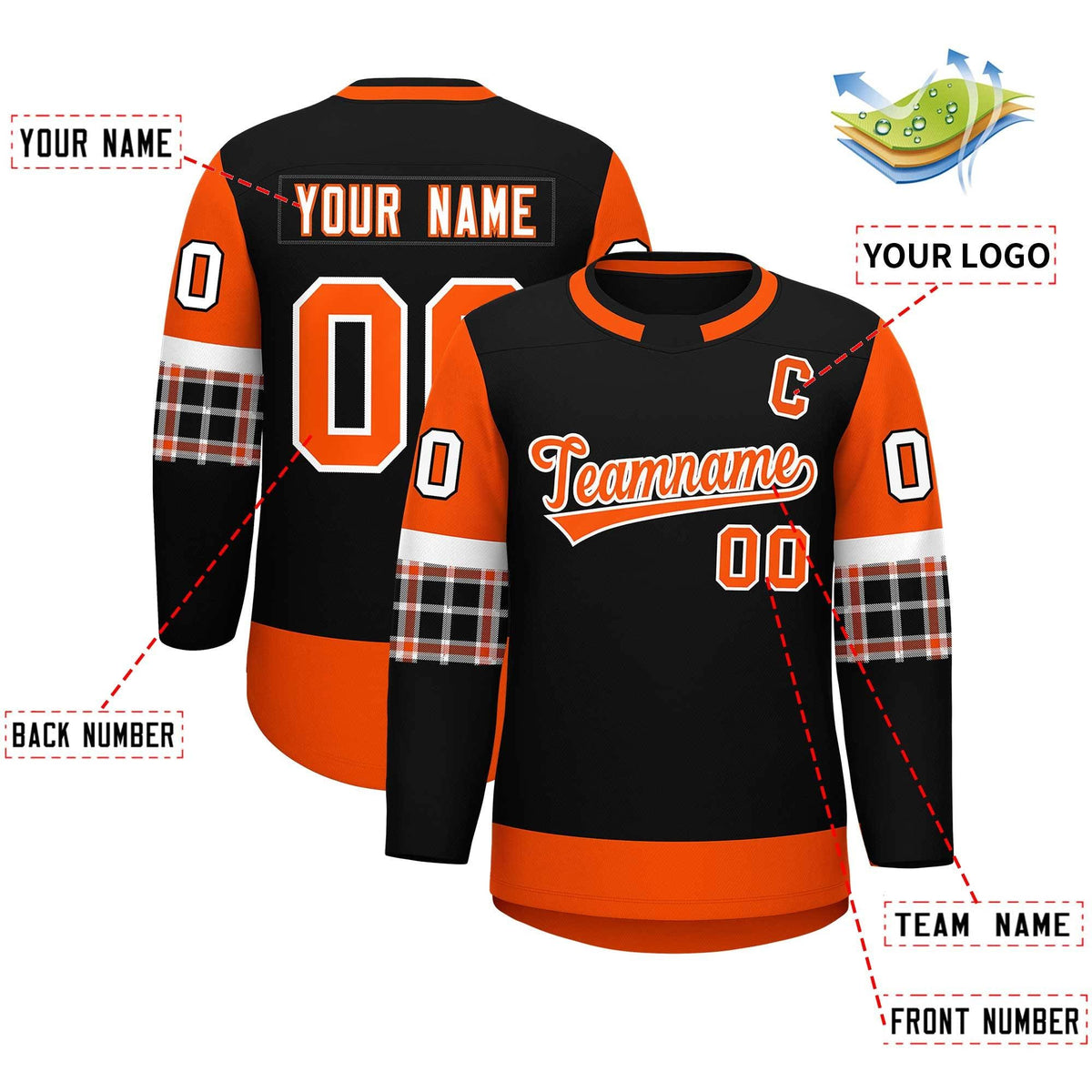 Custom Black Orange Personalized Raglan Sleeves Round-Neck Hockey Jersey | KXKSHOP
