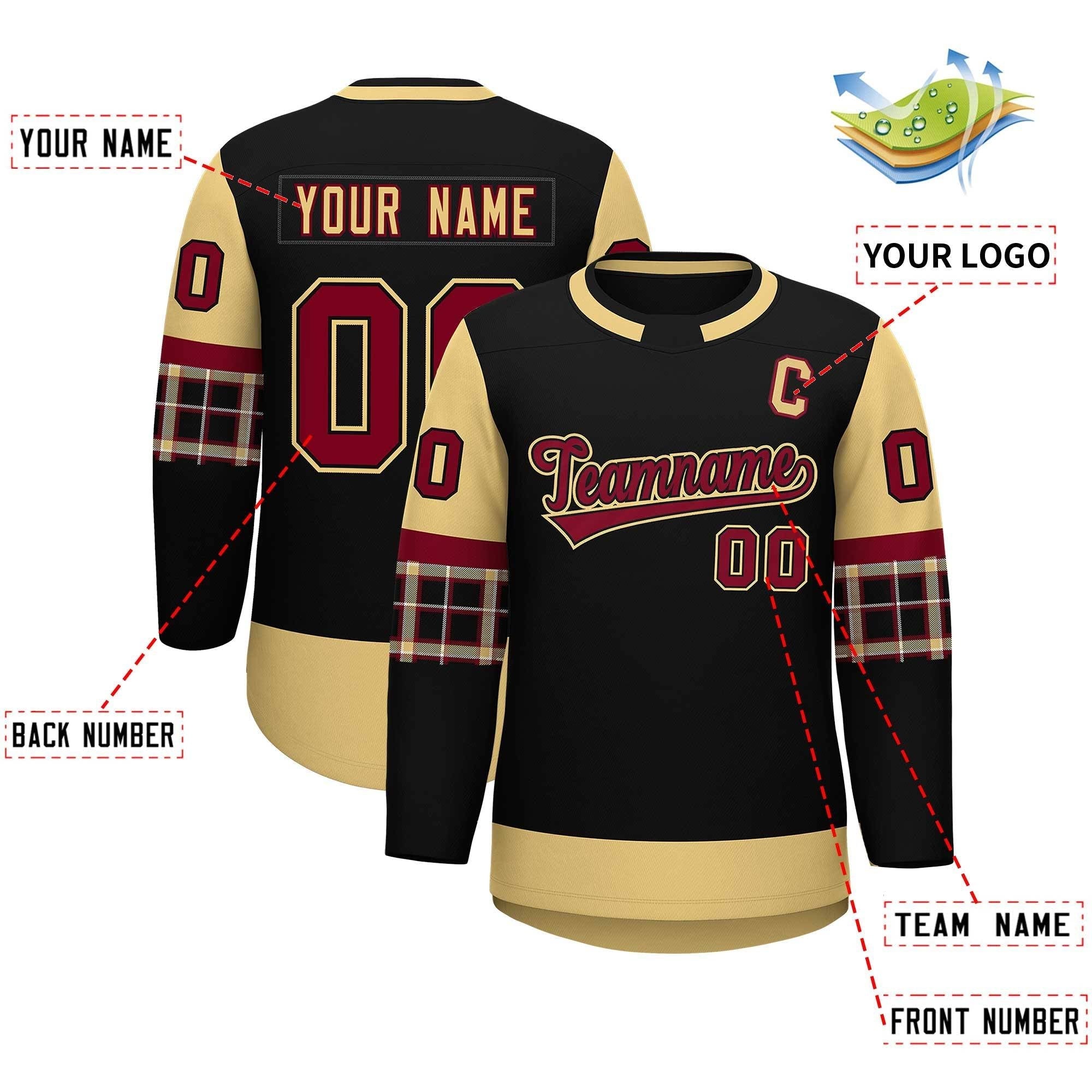 Custom Black Khaki Personalized Raglan Sleeves Round-Neck Hockey Jersey | KXKSHOP