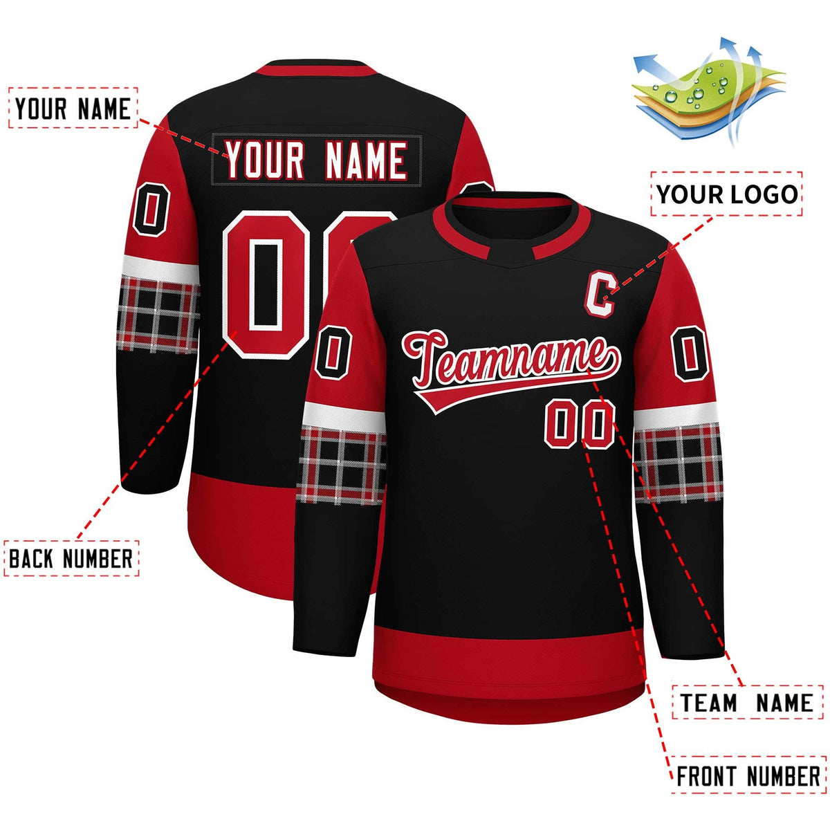 Custom Black Red Personalized Raglan Sleeves Round-Neck Hockey Jersey | KXKSHOP