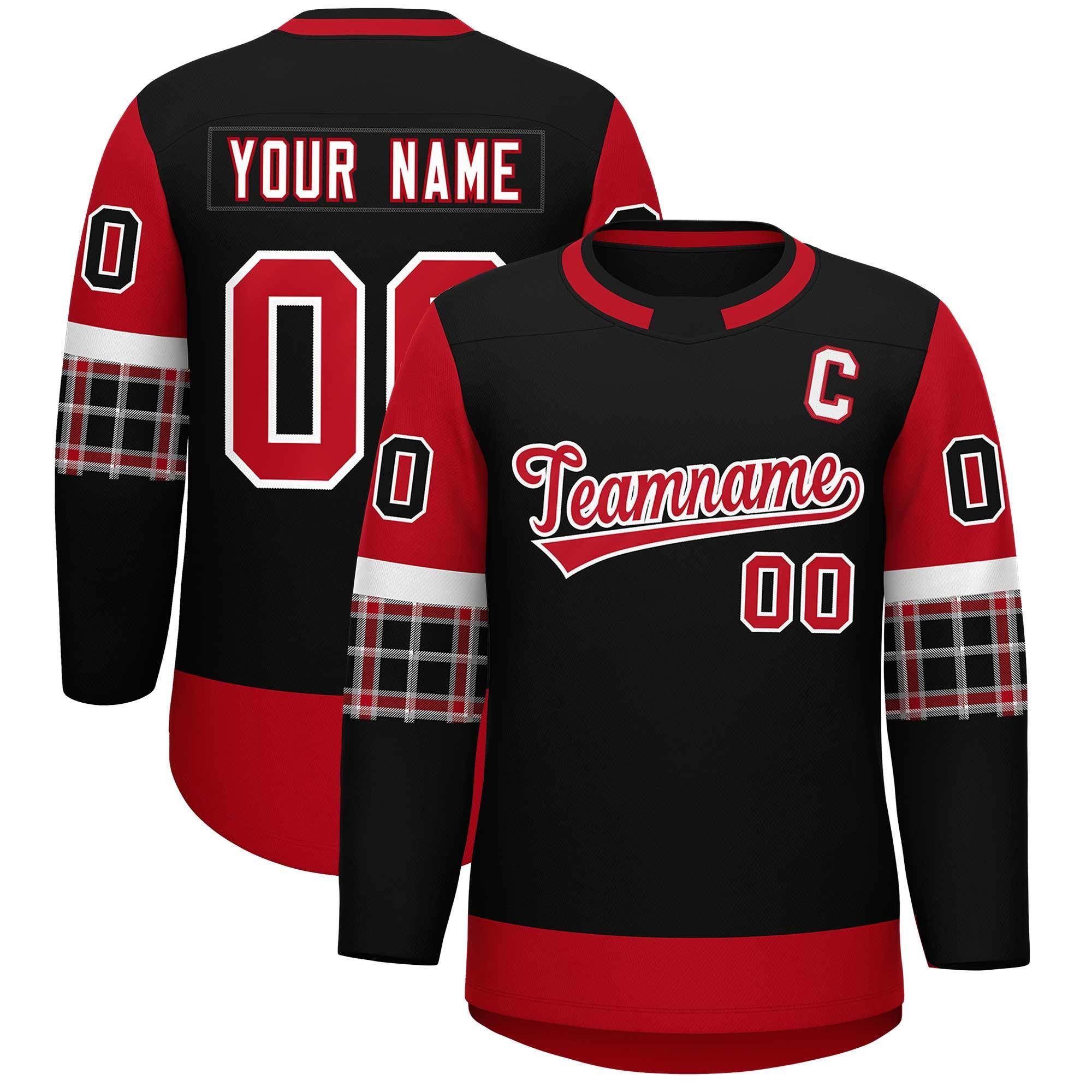 Custom Black Red Personalized Raglan Sleeves Round-Neck Hockey Jersey | KXKSHOP