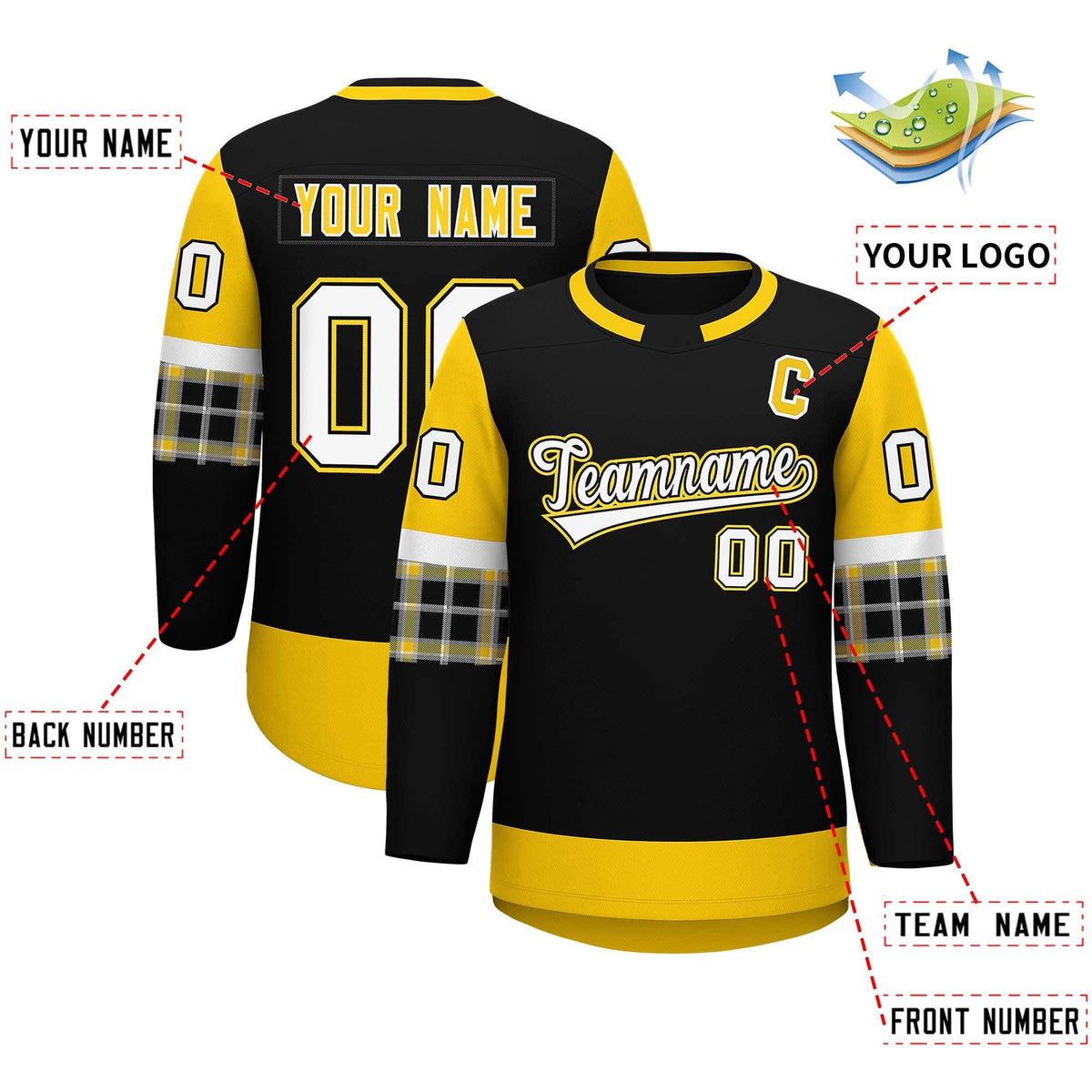 Custom Black Gold Personalized Raglan Sleeves Round-Neck Hockey Jersey | KXKSHOP
