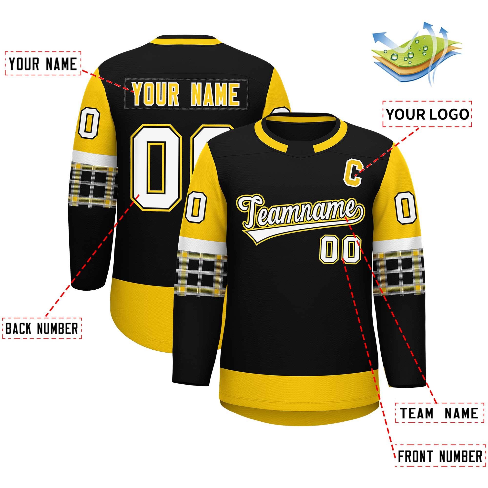 Custom Black Gold Personalized Raglan Sleeves Round-Neck Hockey Jersey | KXKSHOP