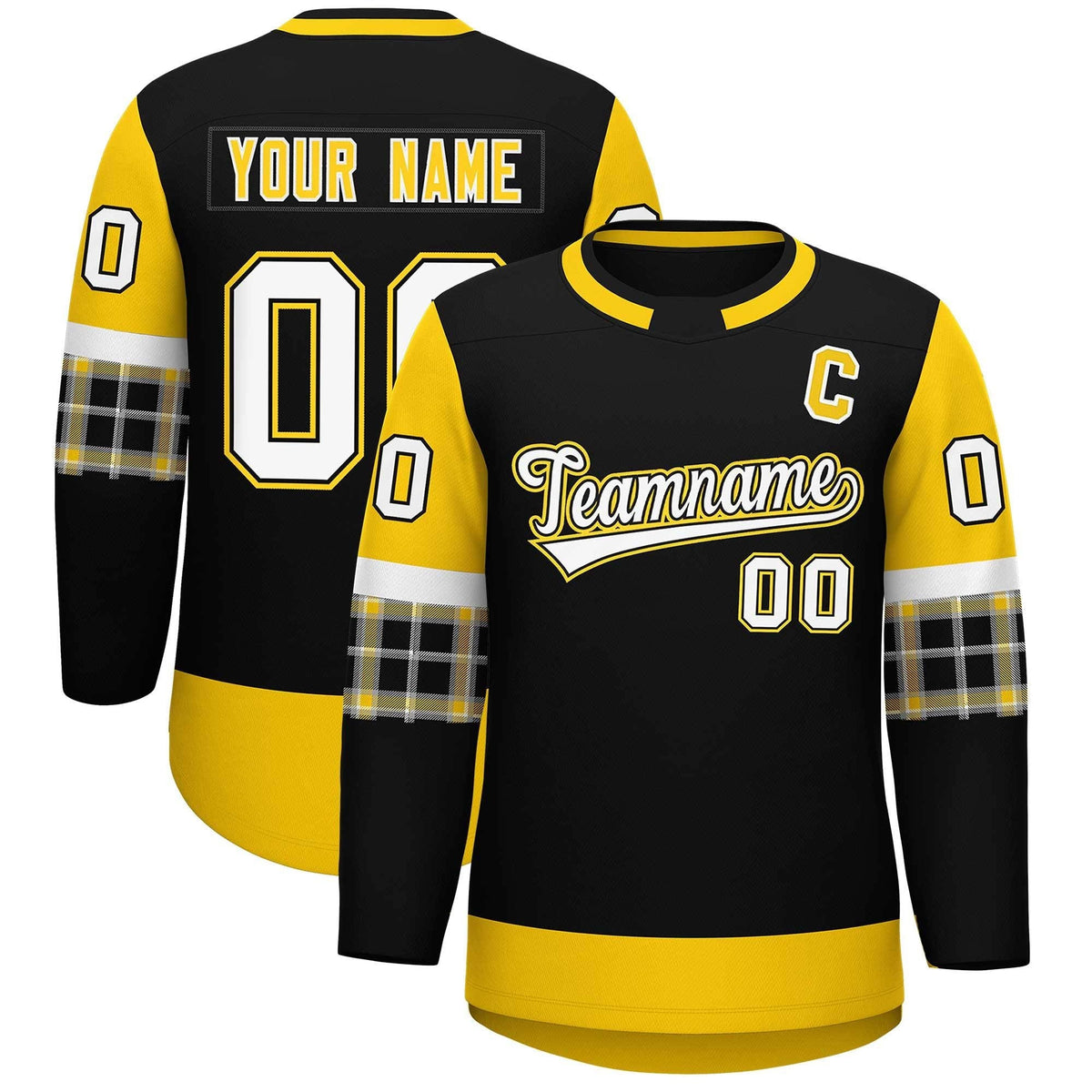 Custom Black Gold Personalized Raglan Sleeves Round-Neck Hockey Jersey | KXKSHOP