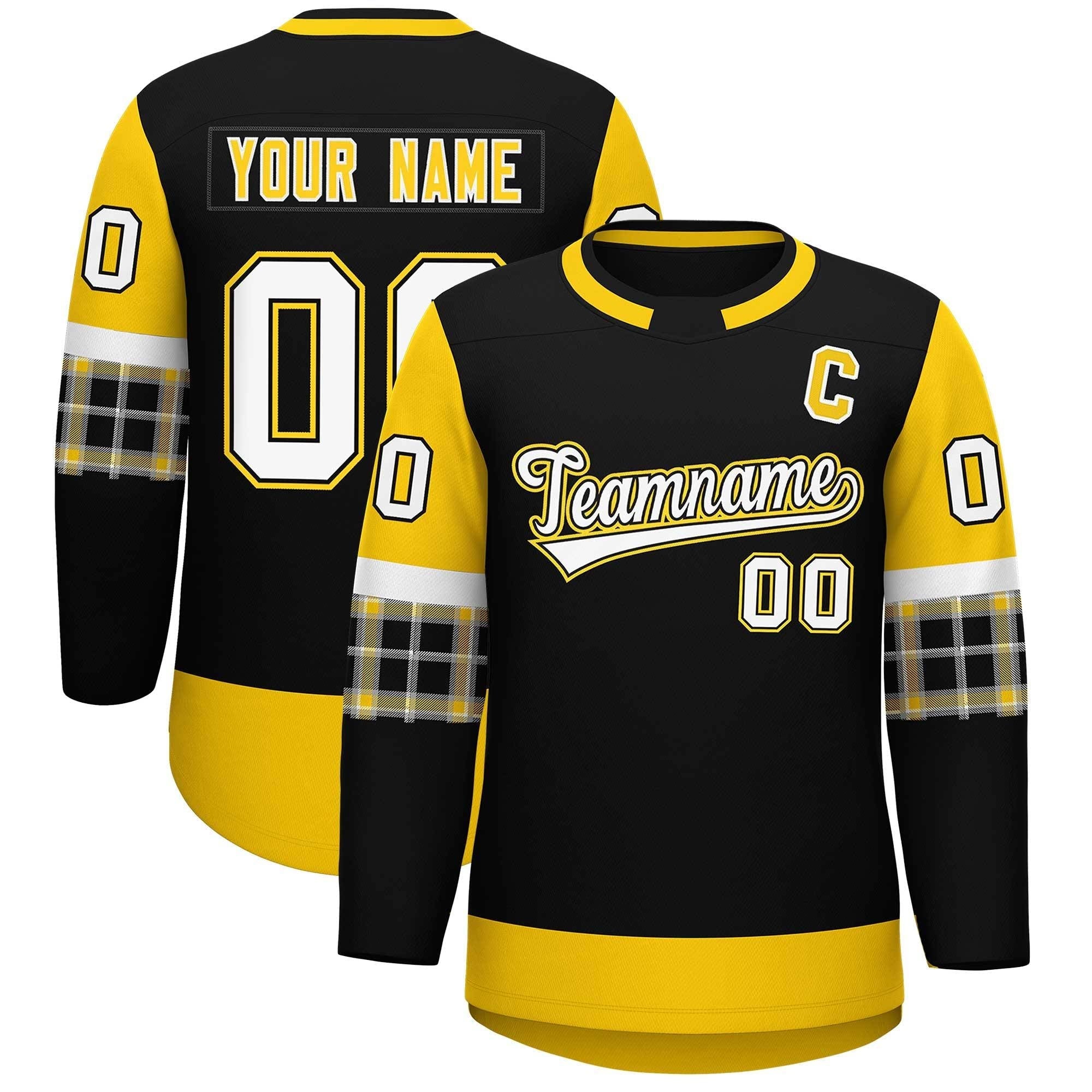 Custom Black Gold Personalized Raglan Sleeves Round-Neck Hockey Jersey | KXKSHOP