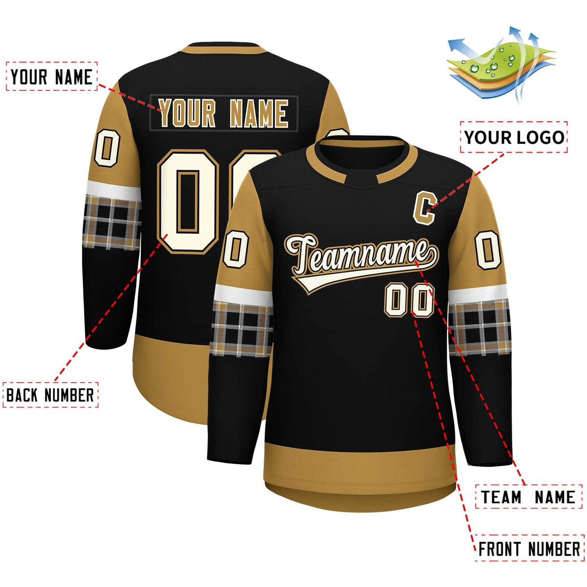 Custom Black Old Gold Personalized Raglan Sleeves Round-Neck Hockey Jersey | KXKSHOP
