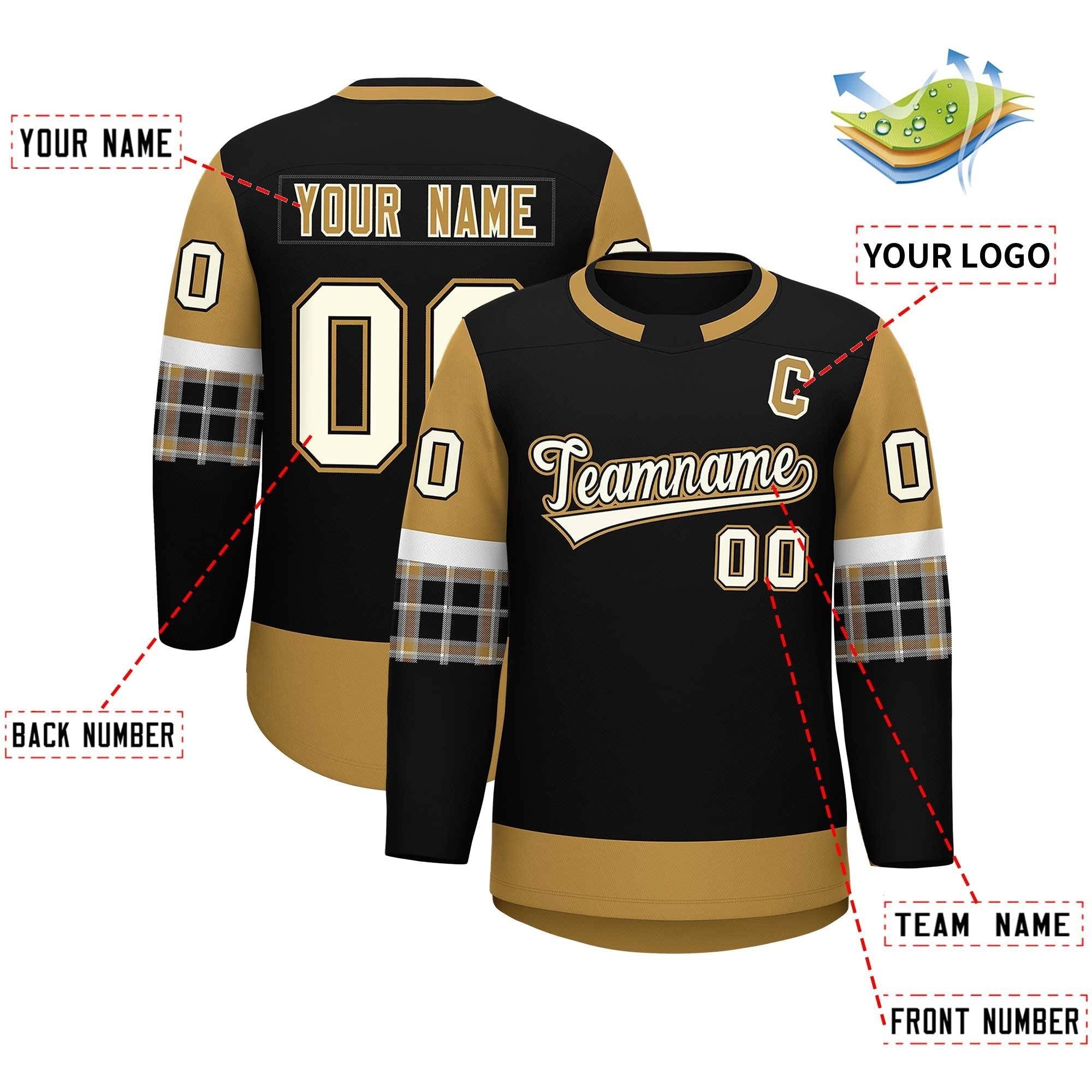 Custom Black Old Gold Personalized Raglan Sleeves Round-Neck Hockey Jersey | KXKSHOP