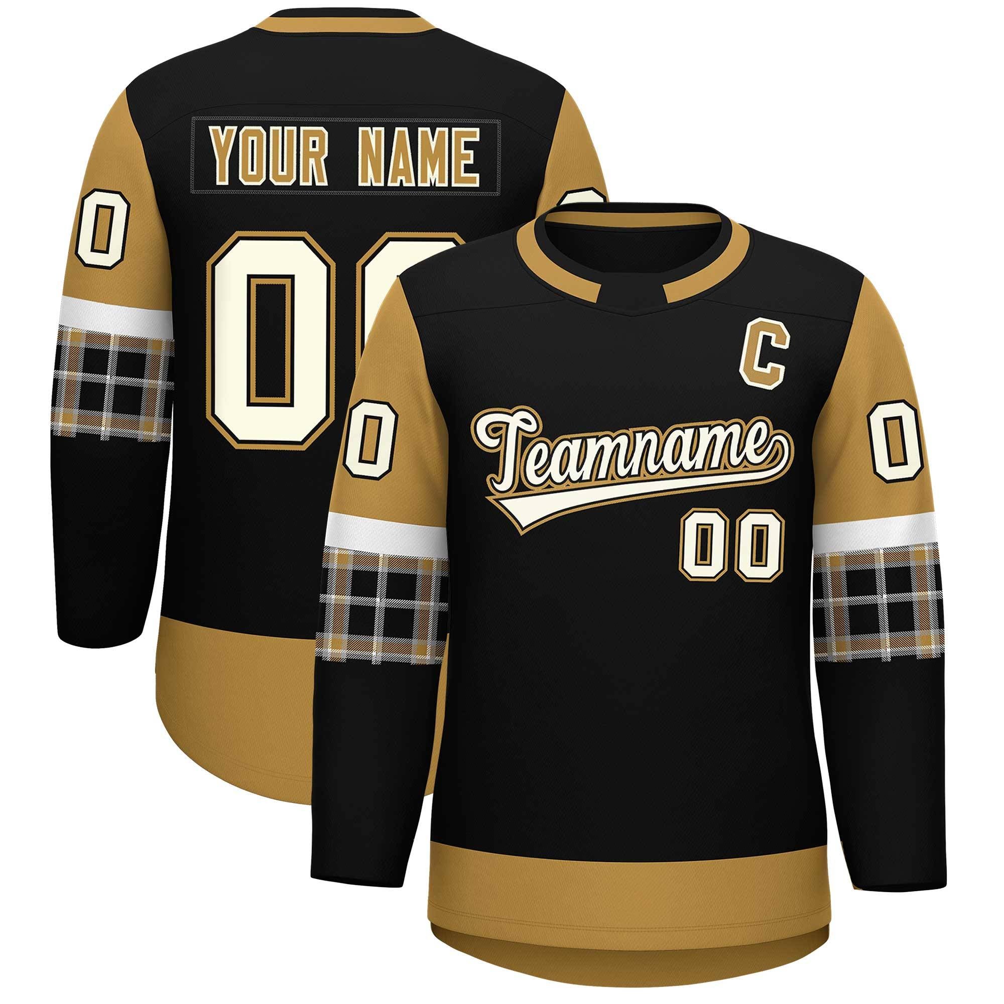 Custom Black Old Gold Personalized Raglan Sleeves Round-Neck Hockey Jersey | KXKSHOP