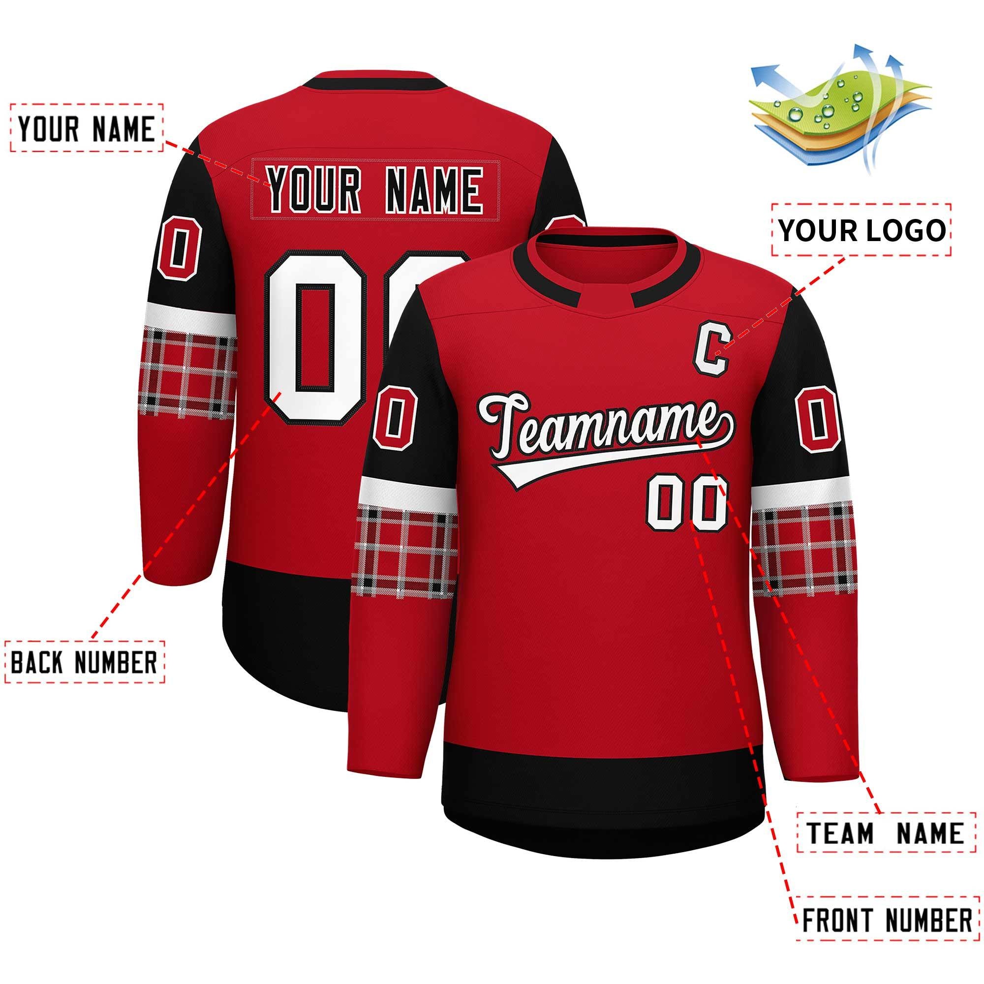 Custom Red Black Personalized Raglan Sleeves Round-Neck Hockey Jersey | KXKSHOP