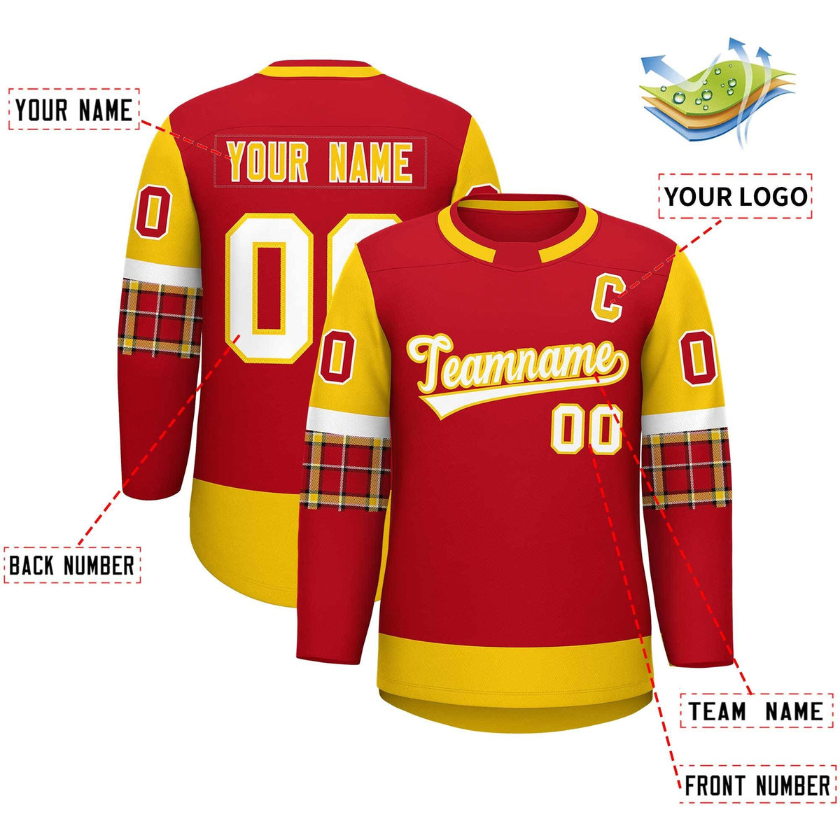 Custom Red Gold Personalized Raglan Sleeves Round-Neck Hockey Jersey | KXKSHOP