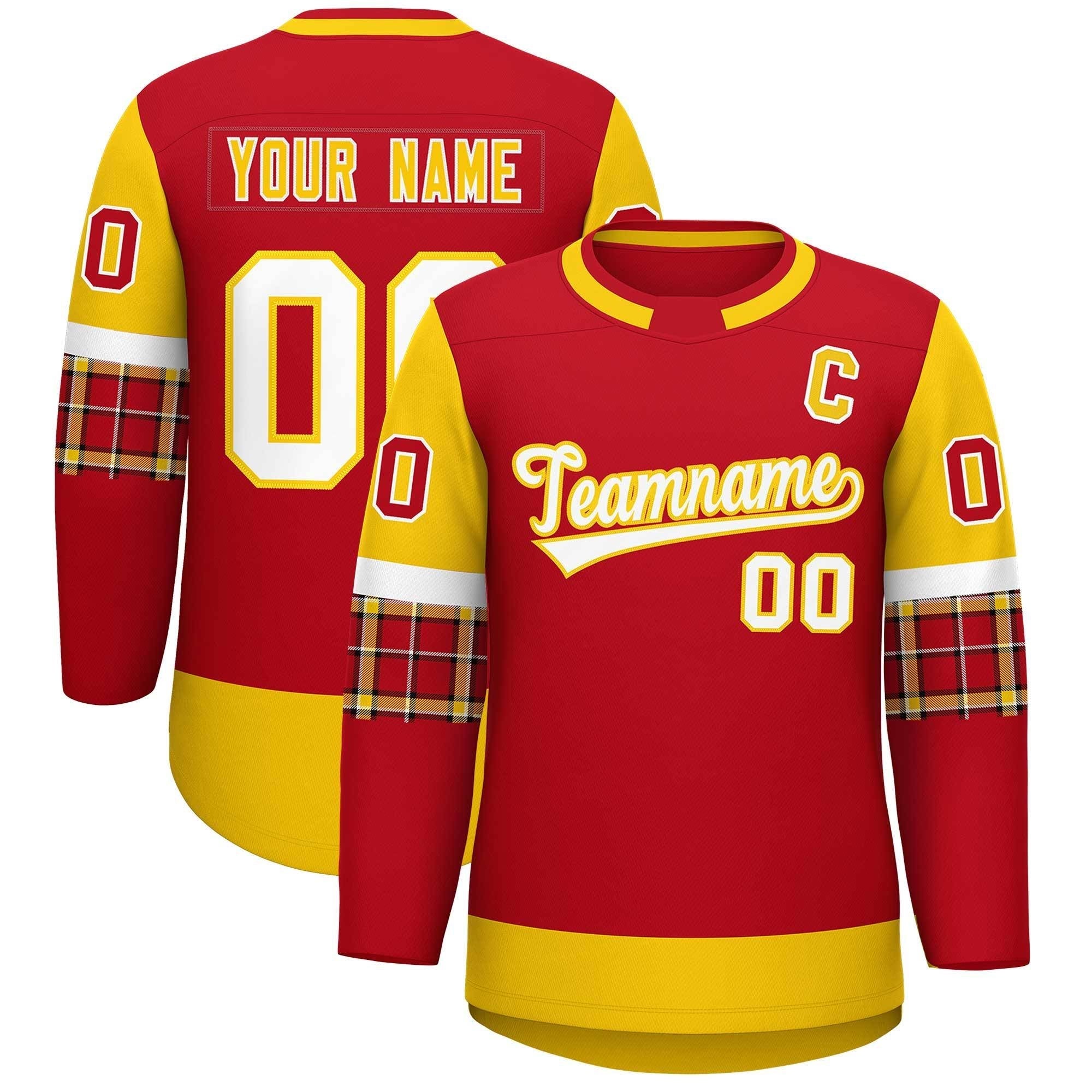 Custom Red Gold Personalized Raglan Sleeves Round-Neck Hockey Jersey | KXKSHOP