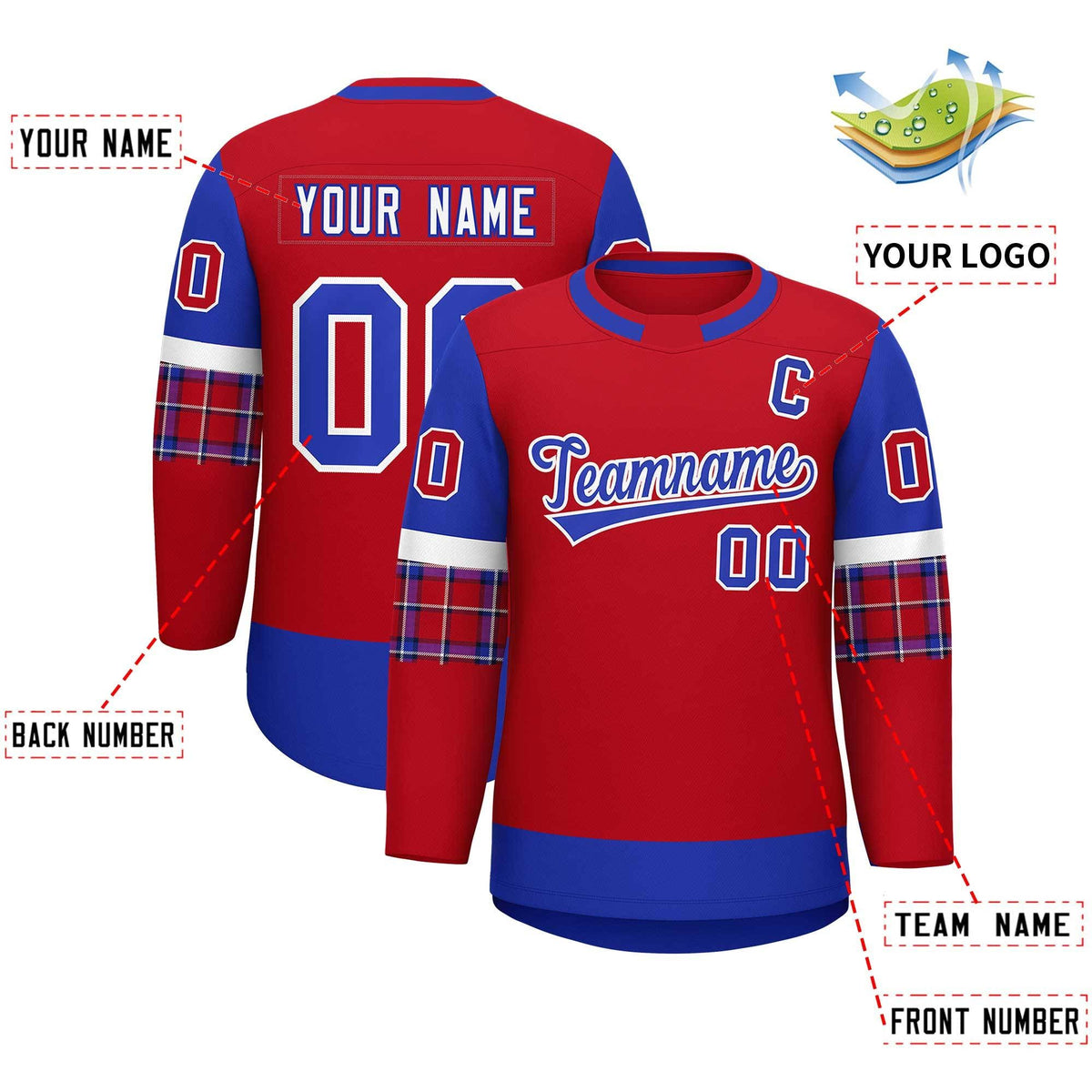 Custom Red Royal Personalized Raglan Sleeves Round-Neck Hockey Jersey | KXKSHOP