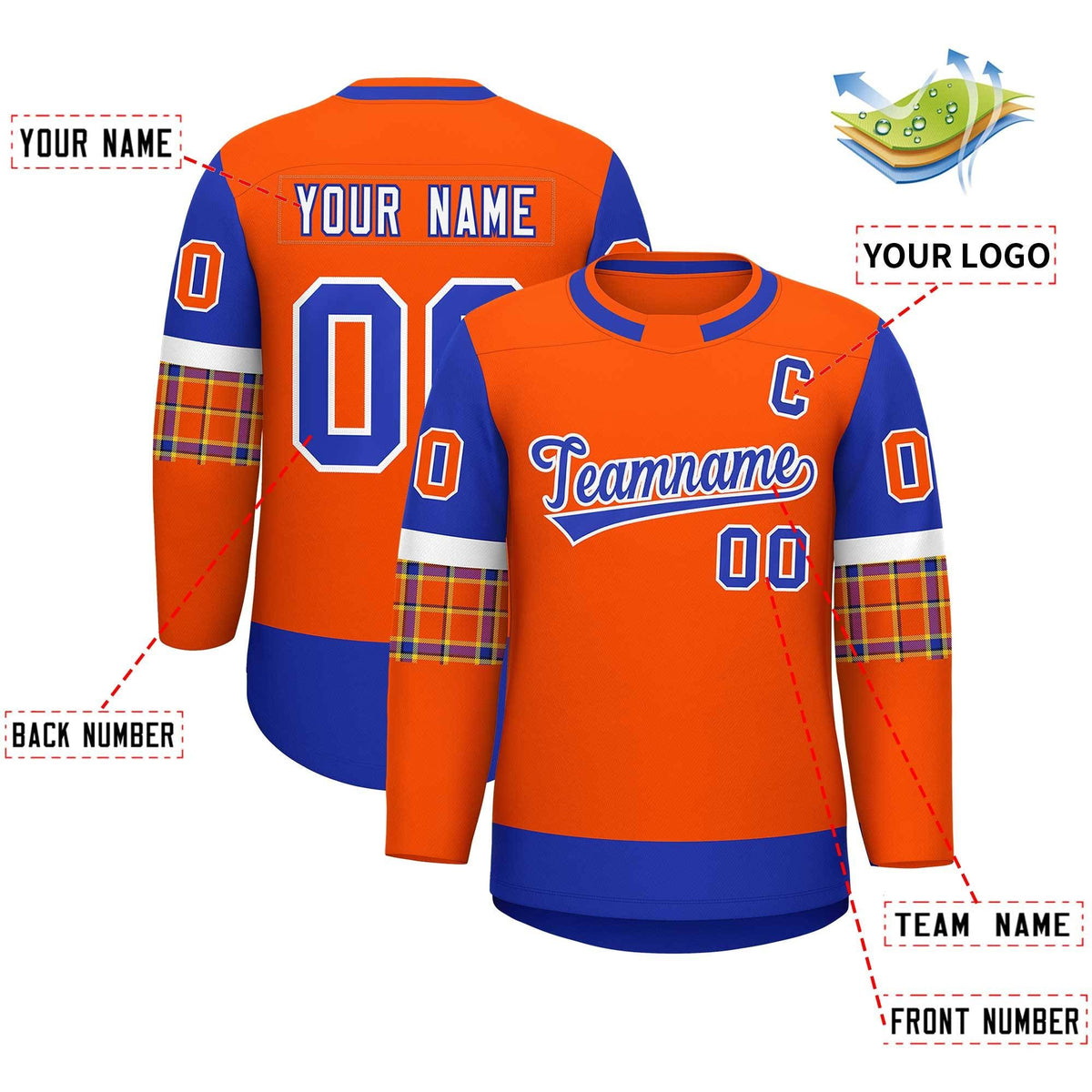 Custom Orange Royal Personalized Raglan Sleeves Round-Neck Hockey Jersey | KXKSHOP