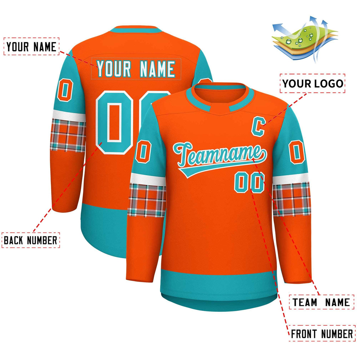 Custom Orange Aqua Personalized Raglan Sleeves Round-Neck Hockey Jersey | KXKSHOP