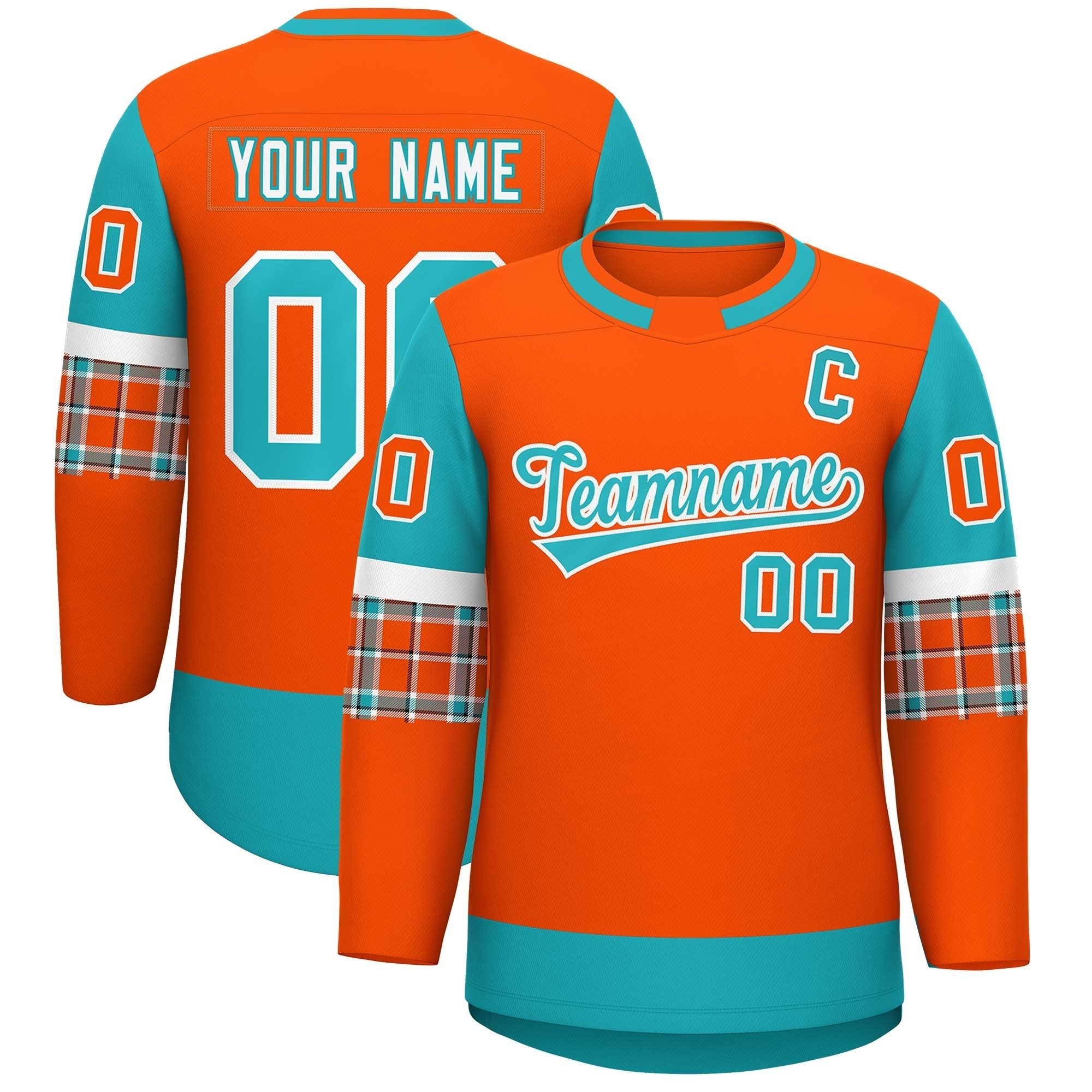 Custom Orange Aqua Personalized Raglan Sleeves Round-Neck Hockey Jersey | KXKSHOP