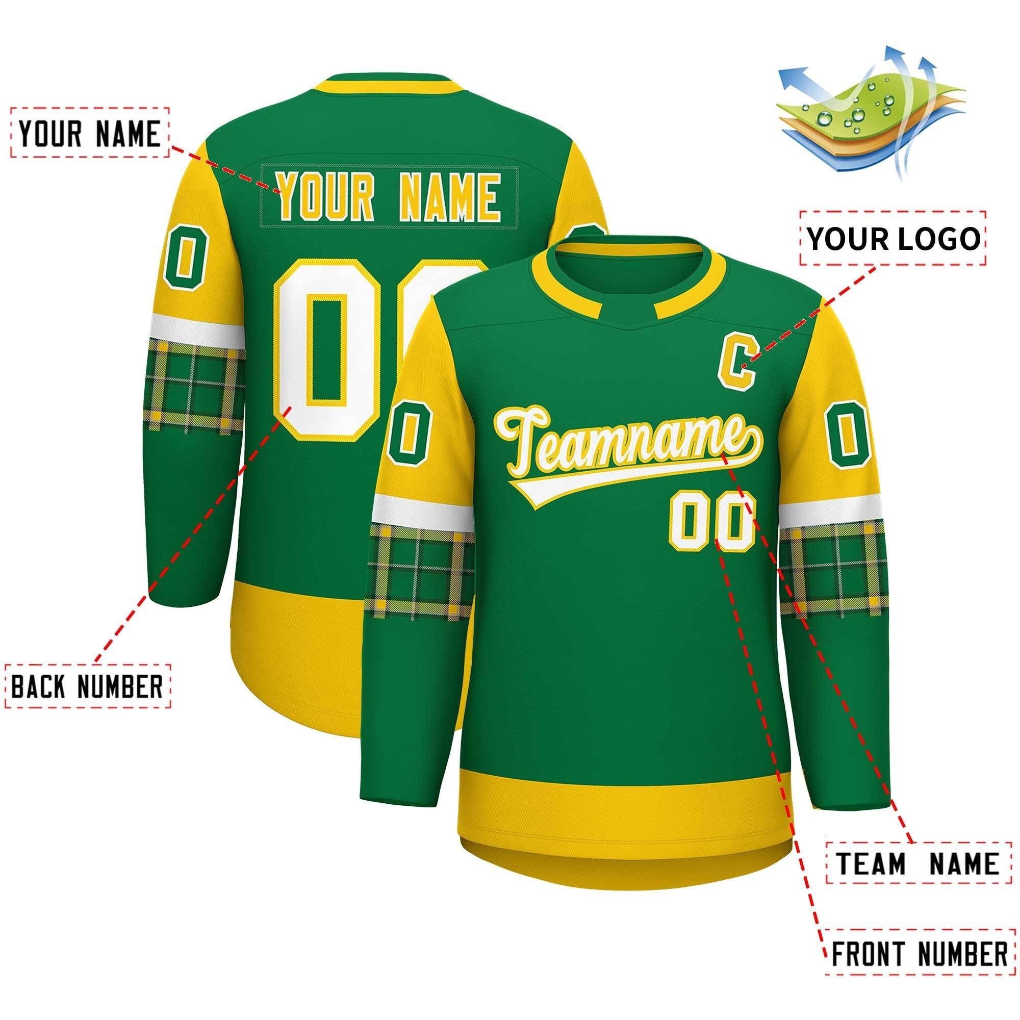 Custom Kelly Green Gold Personalized Raglan Sleeves Round-Neck Hockey Jersey | KXKSHOP