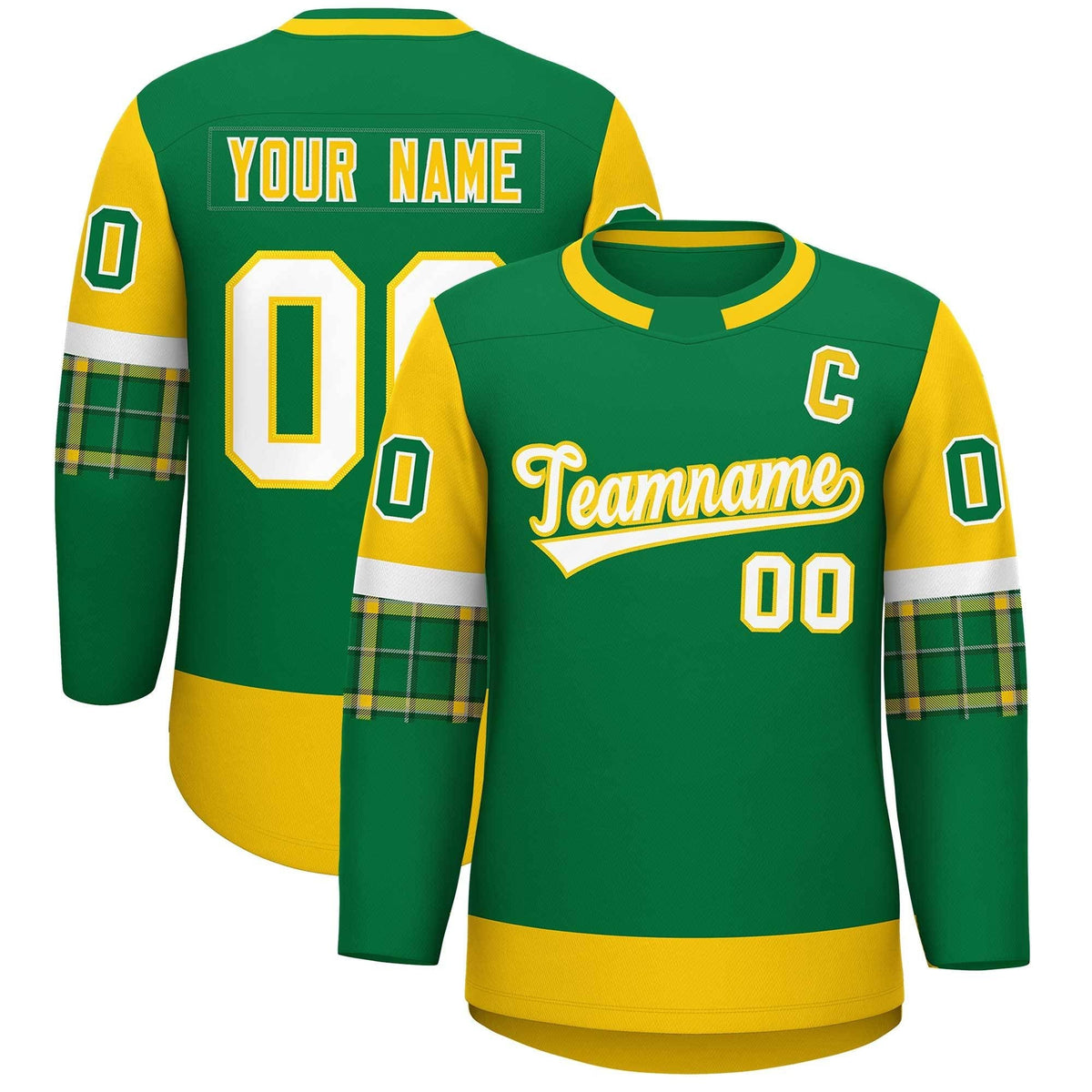 Custom Kelly Green Gold Personalized Raglan Sleeves Round-Neck Hockey Jersey | KXKSHOP