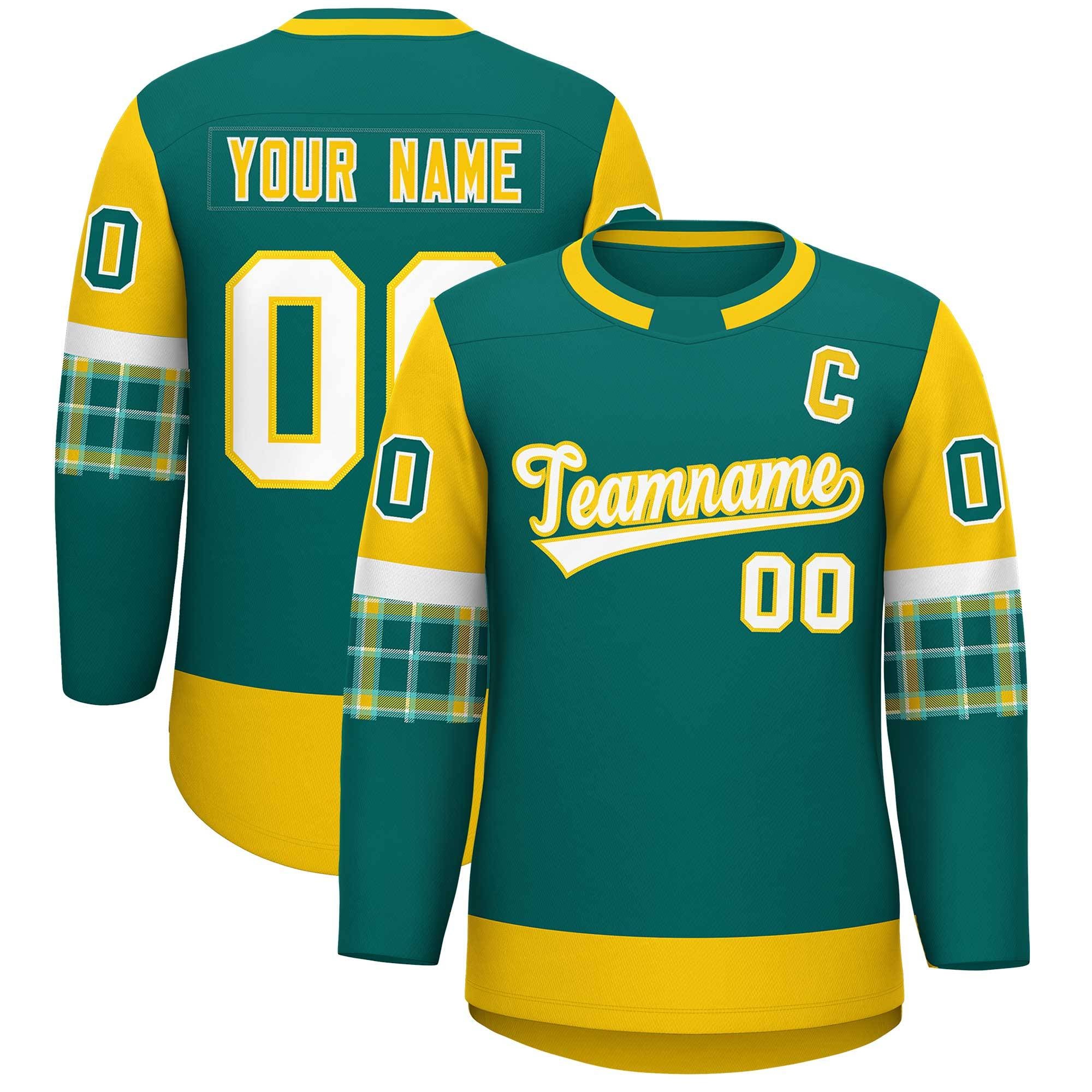 Custom Aqua Gold Personalized Raglan Sleeves Round-Neck Hockey Jersey | KXKSHOP