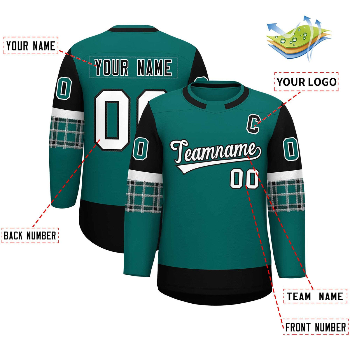 Custom Aqua Black Personalized Raglan Sleeves Round-Neck Hockey Jersey | KXKSHOP