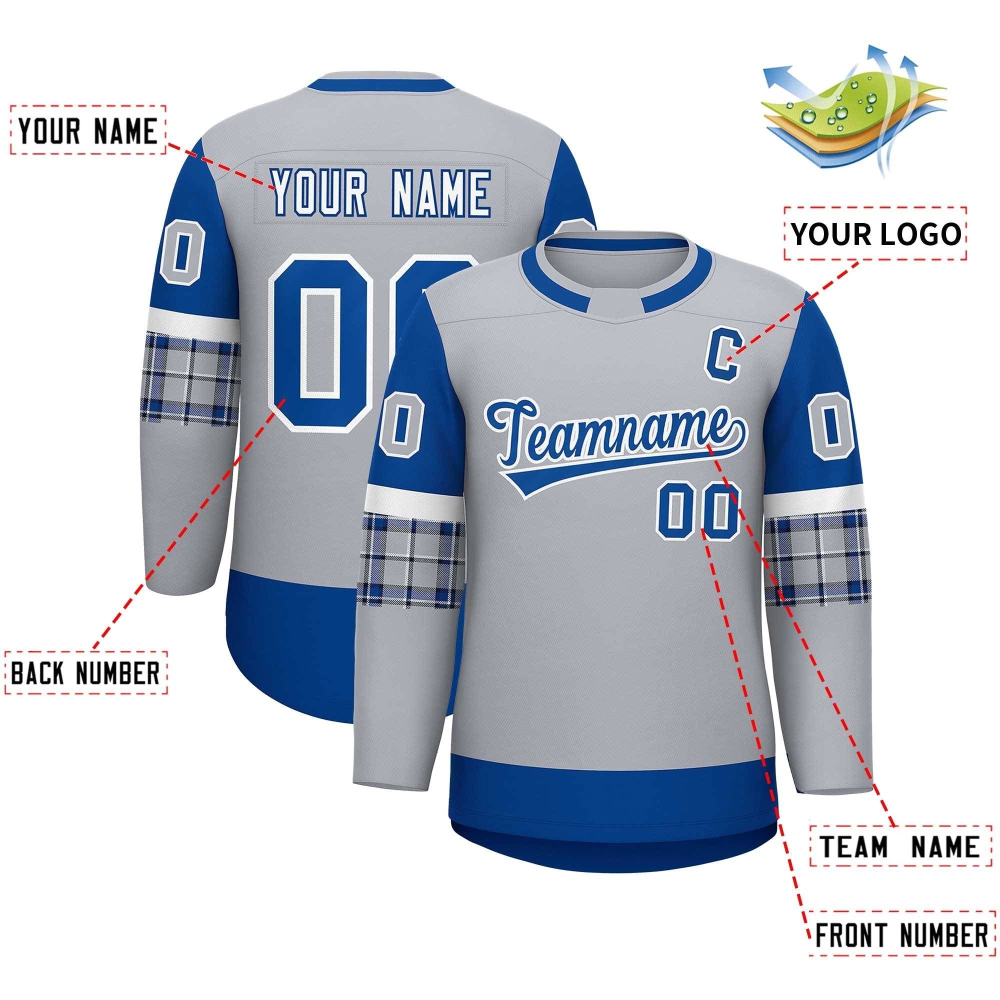 Custom Gray Royal Personalized Raglan Sleeves Round-Neck Hockey Jersey | KXKSHOP