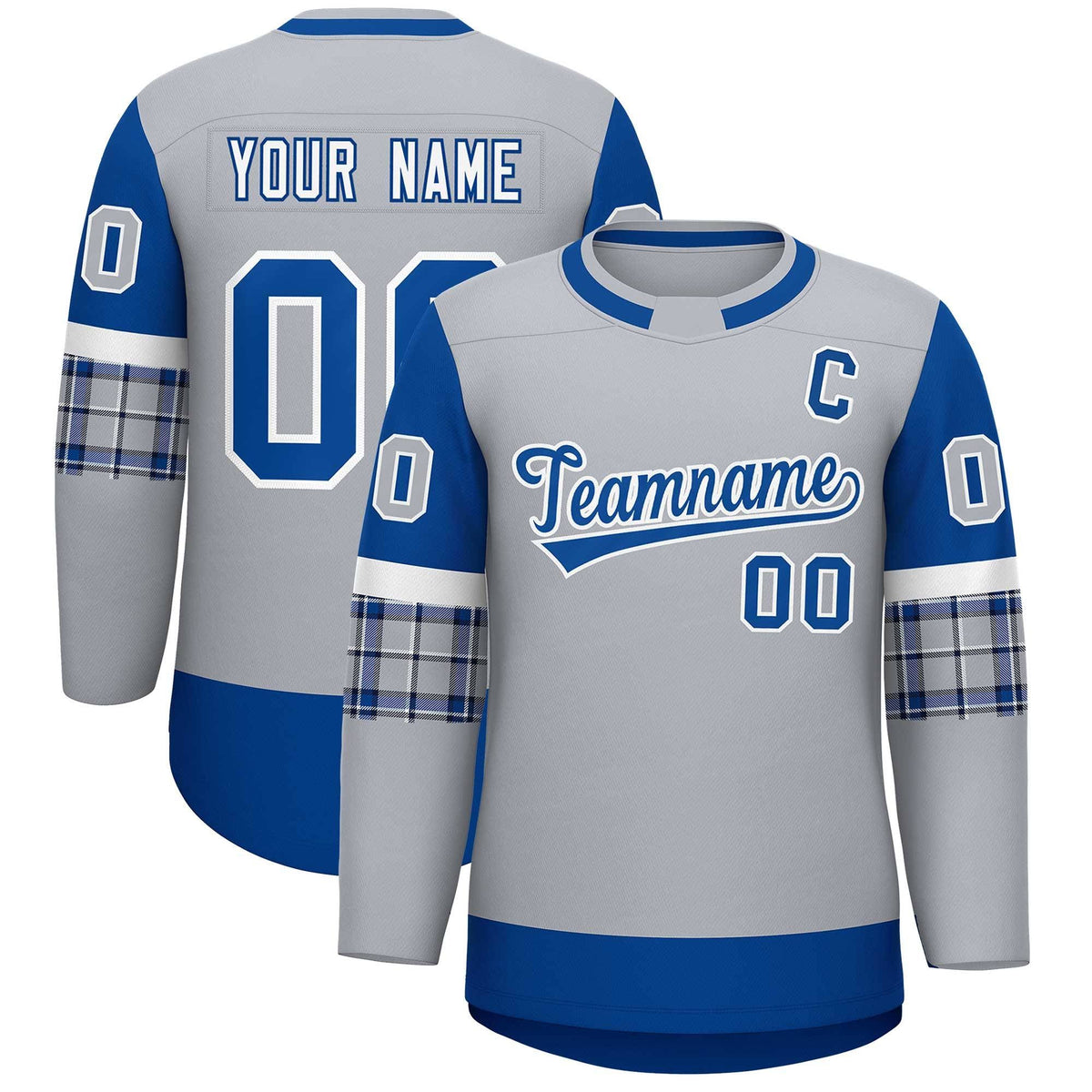 Custom Gray Royal Personalized Raglan Sleeves Round-Neck Hockey Jersey | KXKSHOP