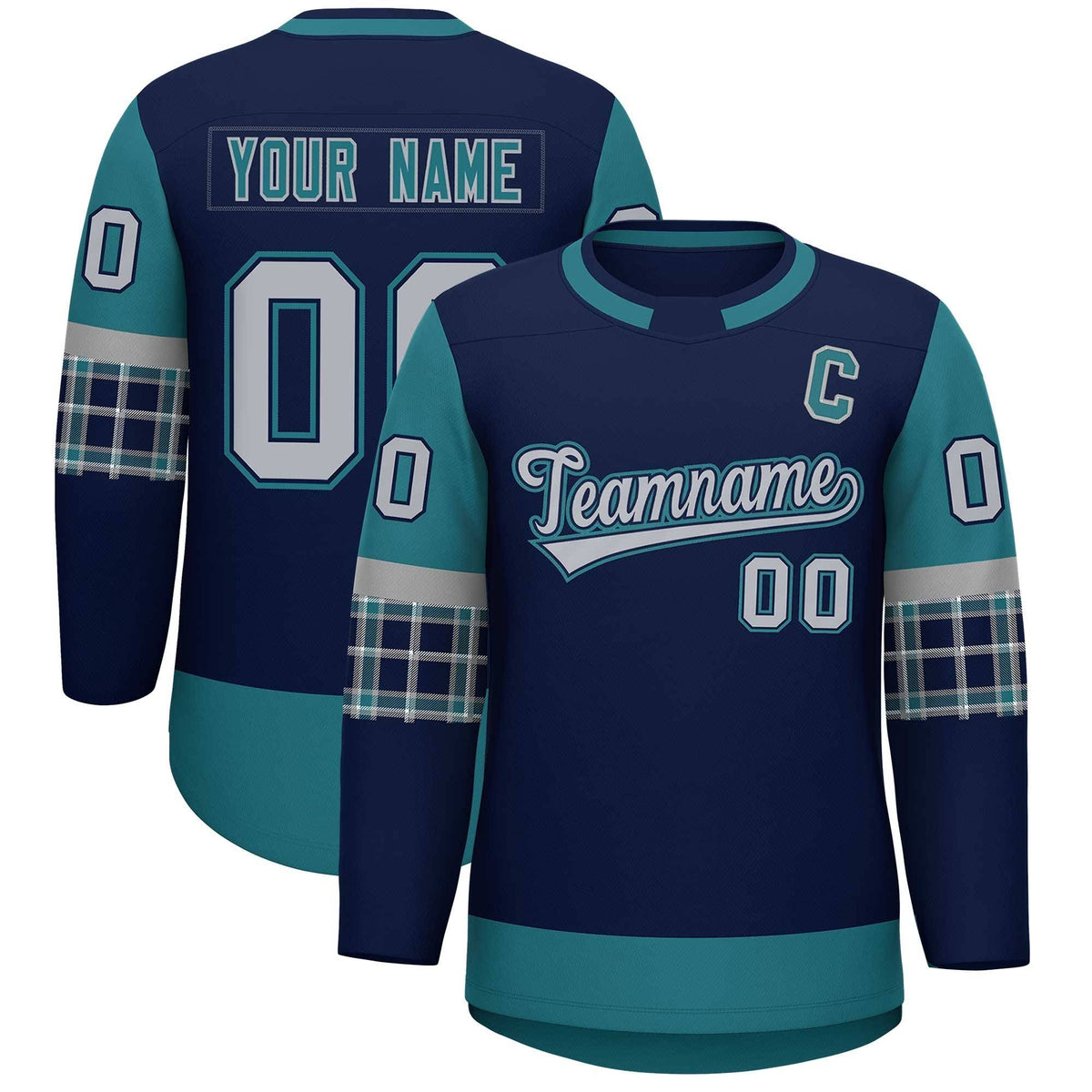 Custom Navy Aqua Personalized Raglan Sleeves Round-Neck Hockey Jersey | KXKSHOP