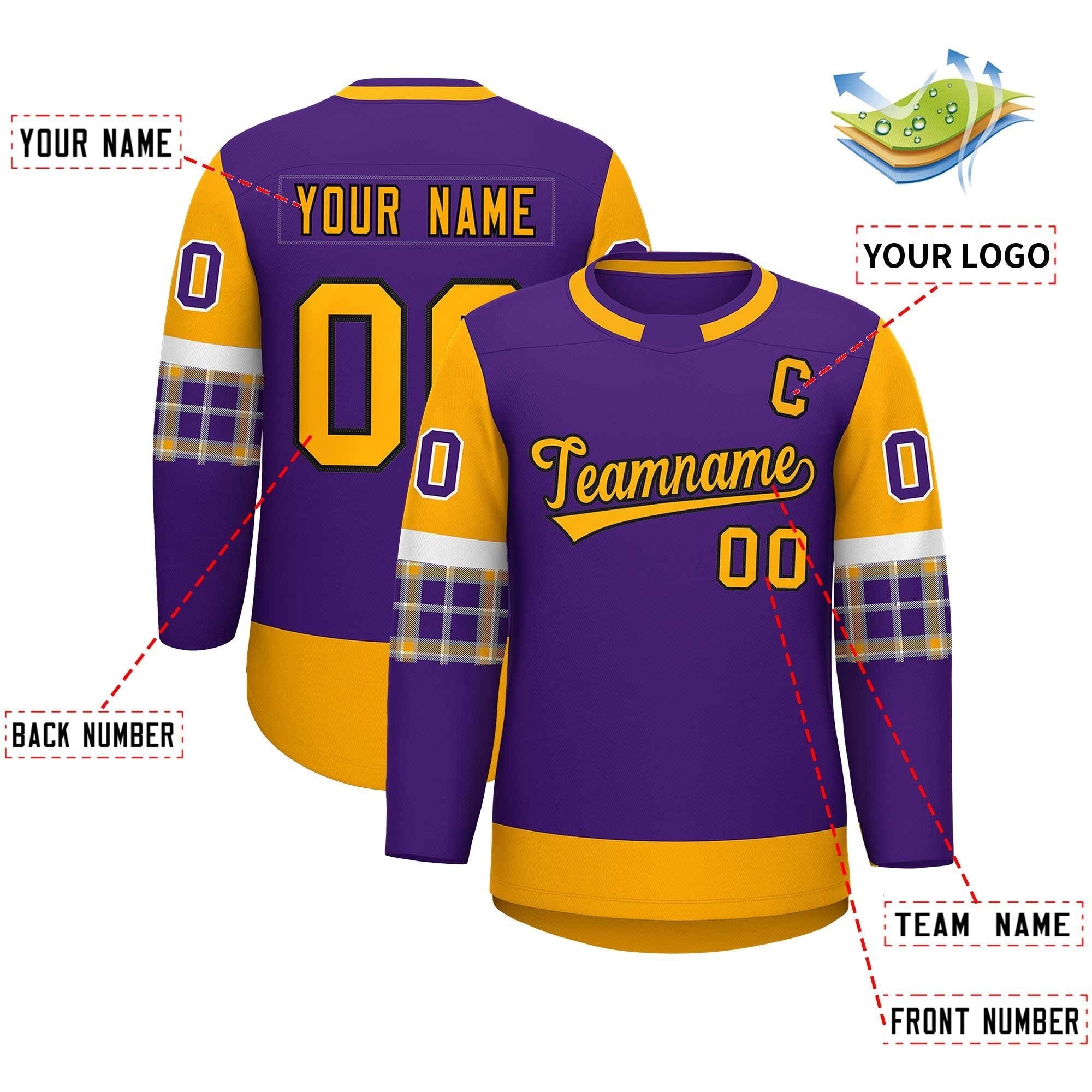 Custom Purple Yellow Personalized Raglan Sleeves Round-Neck Hockey Jersey | KXKSHOP