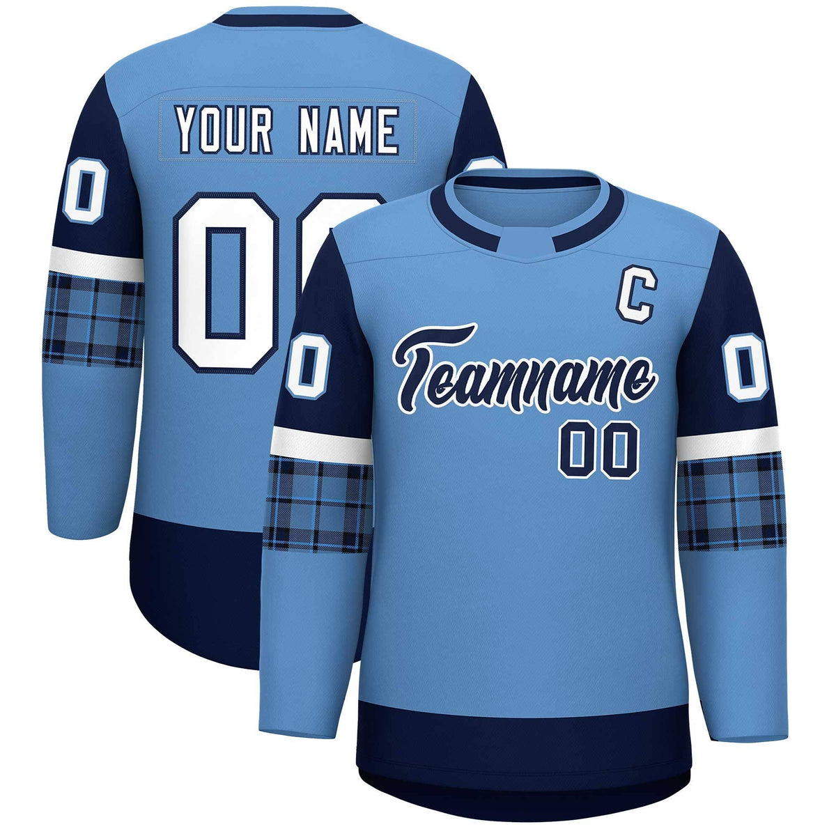 Custom Light Blue Navy Personalized Raglan Sleeves Round-Neck Hockey Jersey | KXKSHOP