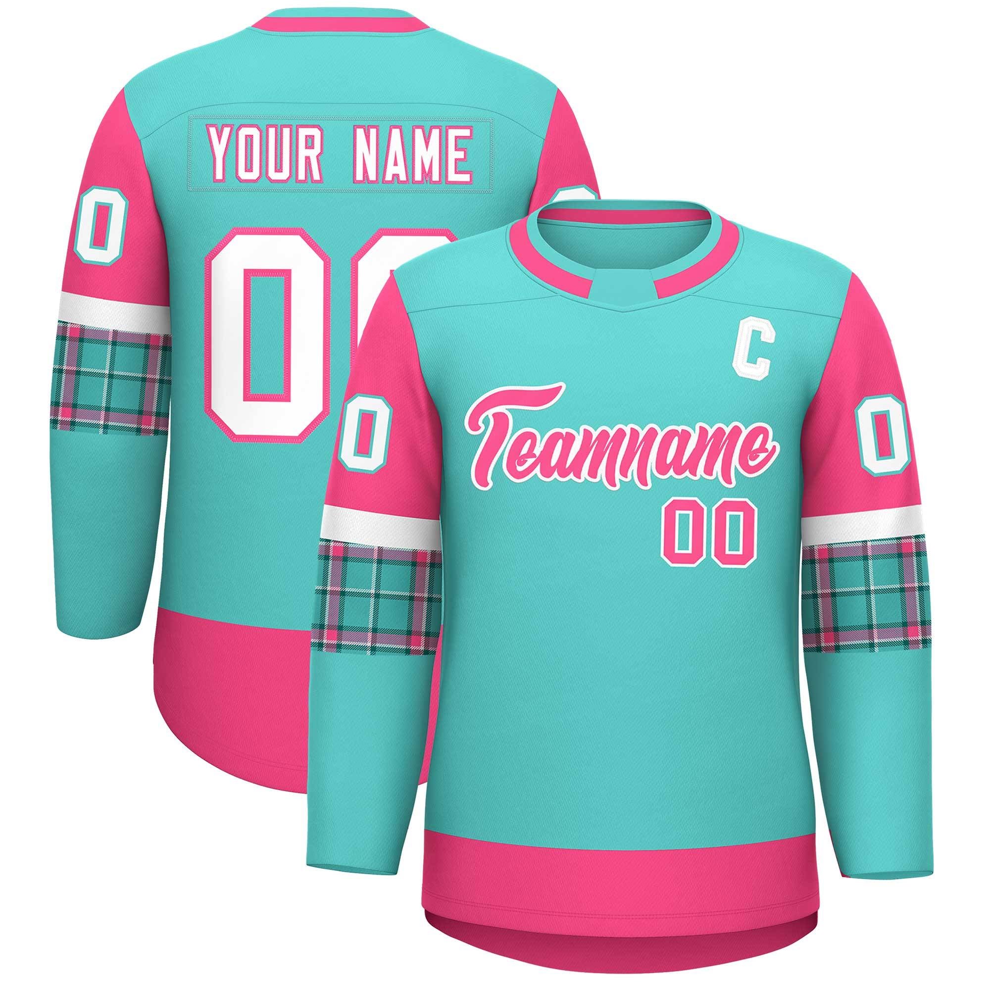 Custom Bright Green Pink Personalized Raglan Sleeves Round-Neck Hockey Jersey | KXKSHOP