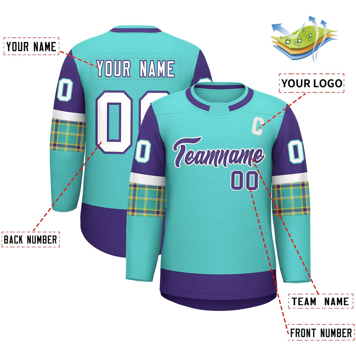 Custom Bright Green Purple Personalized Raglan Sleeves Round-Neck Hockey Jersey | KXKSHOP