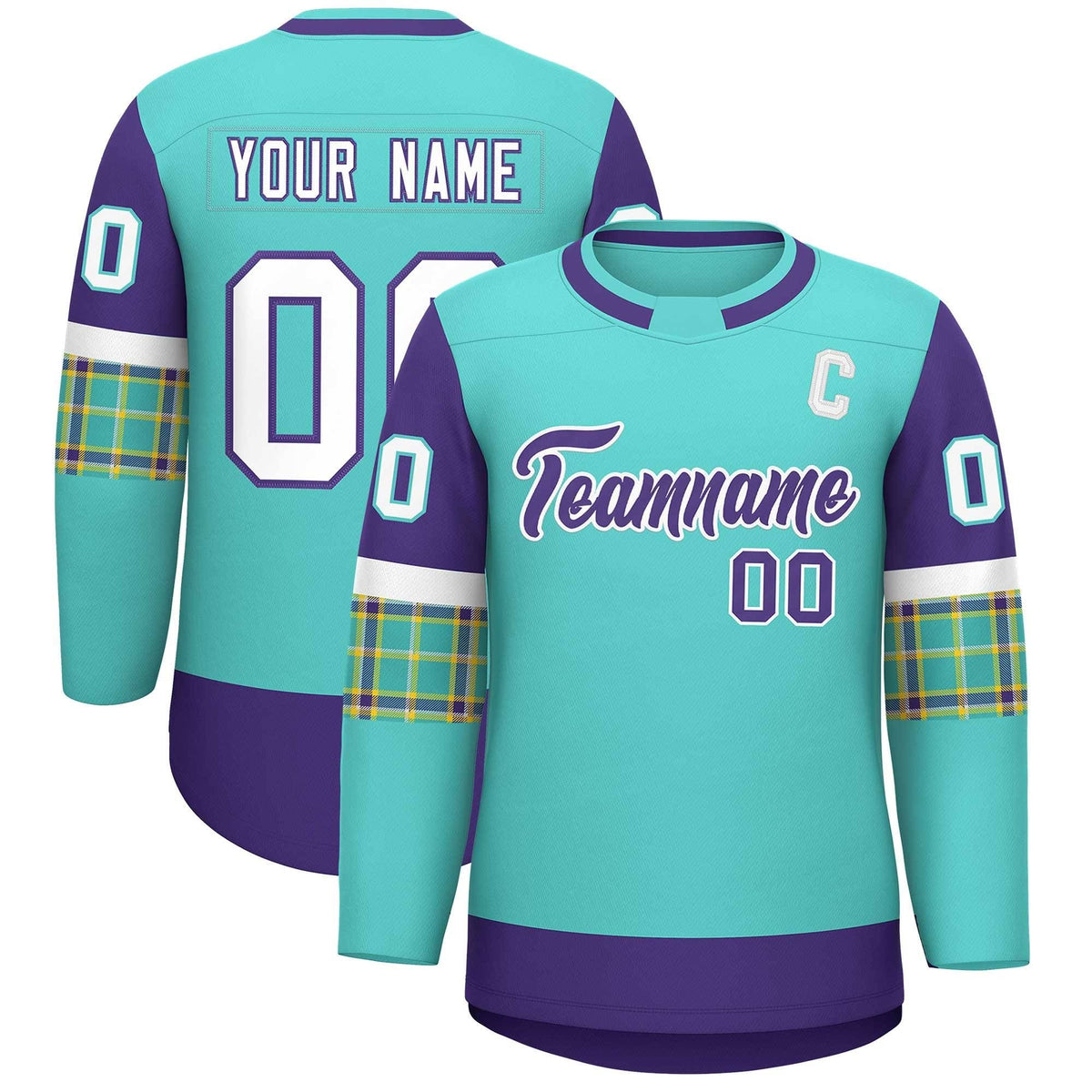 Custom Bright Green Purple Personalized Raglan Sleeves Round-Neck Hockey Jersey | KXKSHOP