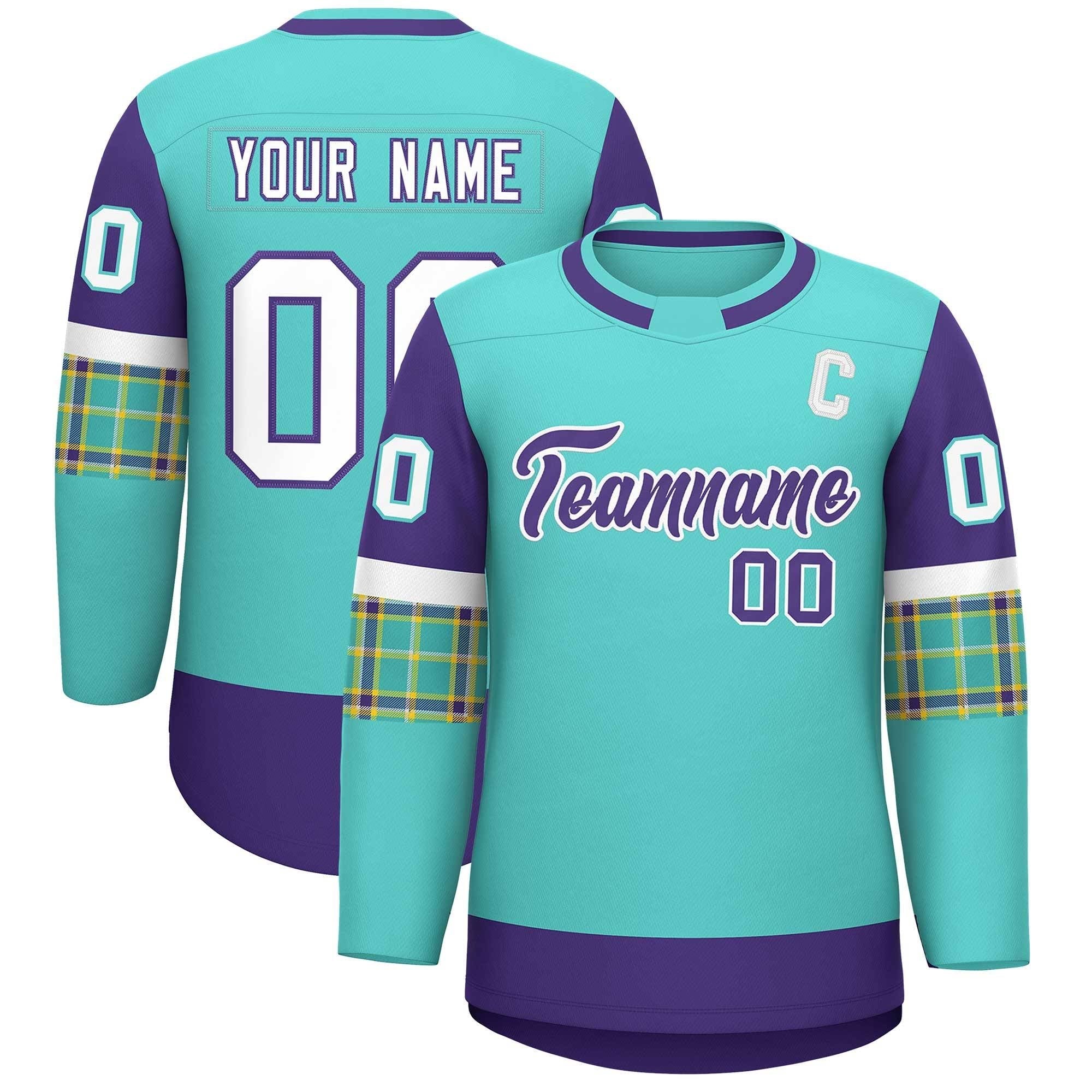 Custom Bright Green Purple Personalized Raglan Sleeves Round-Neck Hockey Jersey | KXKSHOP