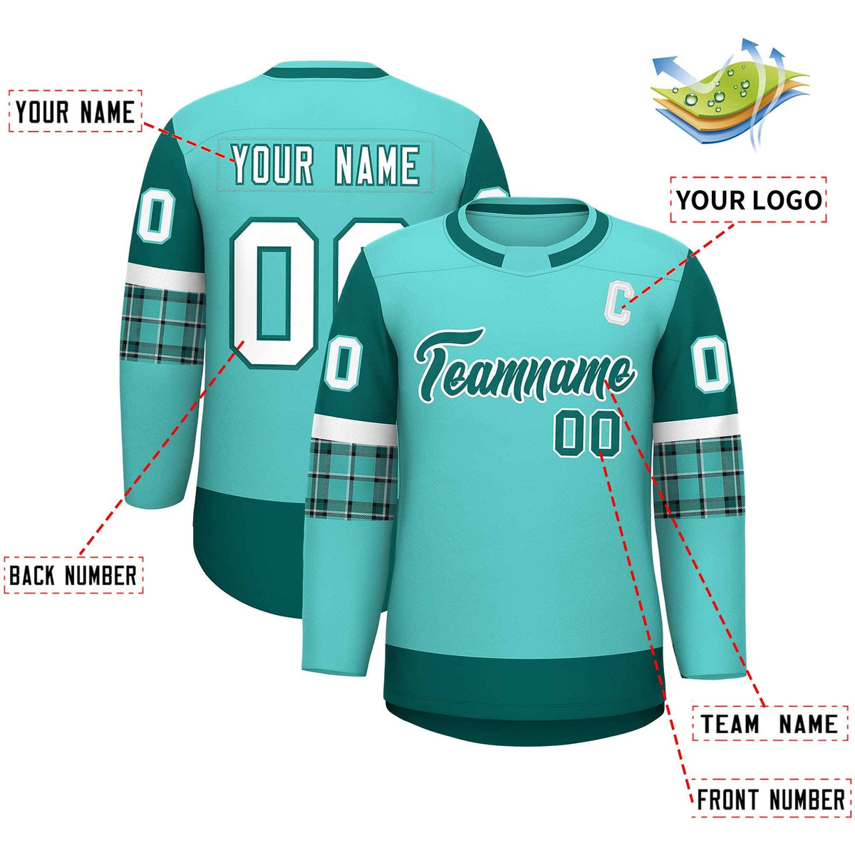 Custom Bright Green Aqua Personalized Raglan Sleeves Round-Neck Hockey Jersey | KXKSHOP