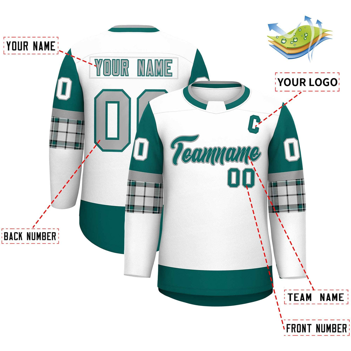Custom White Aqua Personalized Raglan Sleeves Round-Neck Hockey Jersey | KXKSHOP