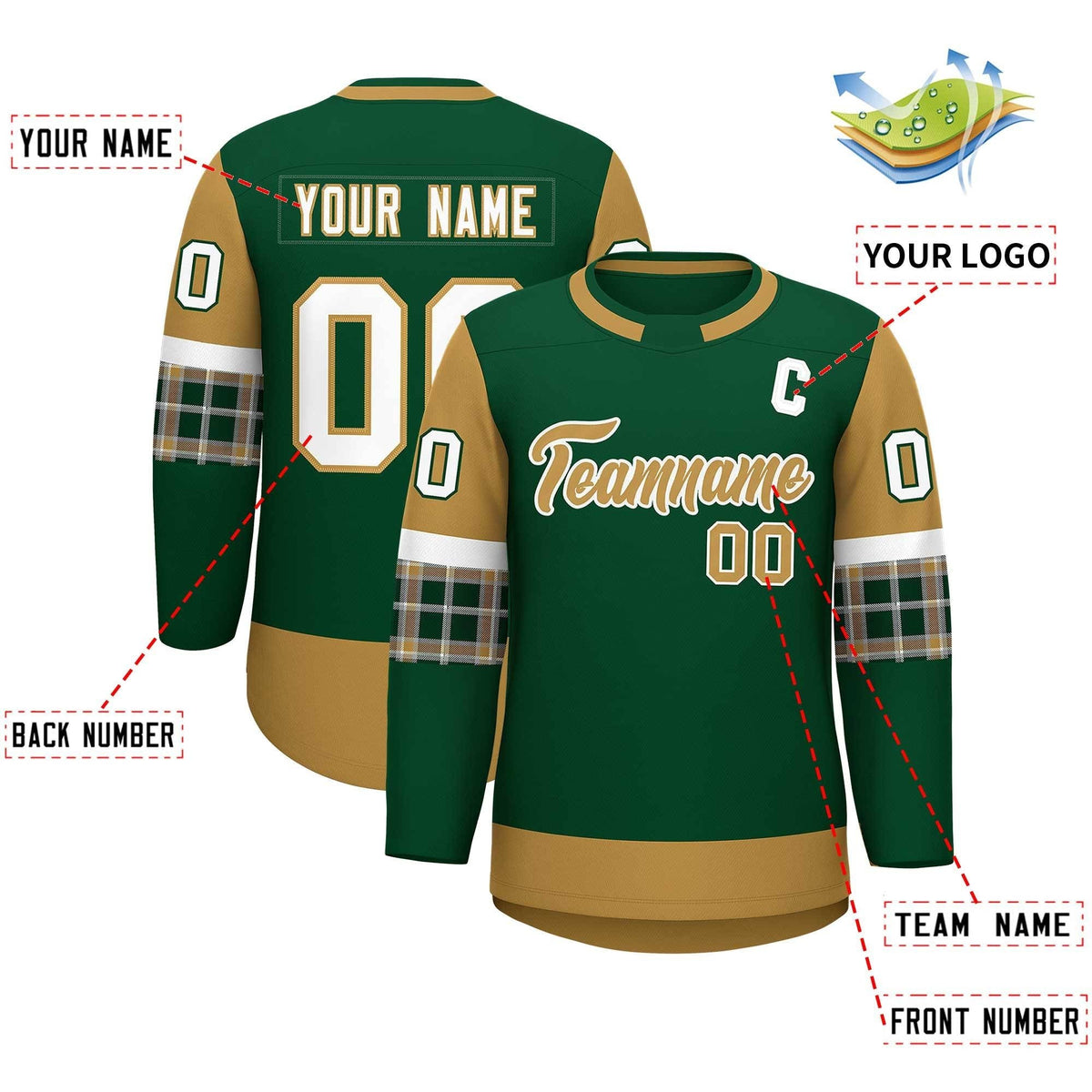 Custom Green Old Gold Personalized Raglan Sleeves Round-Neck Hockey Jersey | KXKSHOP