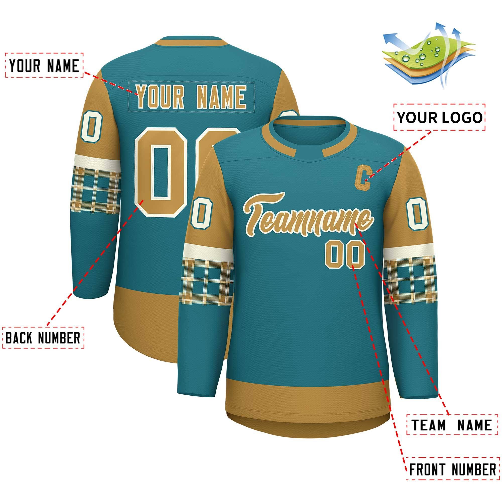 Custom Aqua Old Gold Personalized Raglan Sleeves Round-Neck Hockey Jersey | KXKSHOP