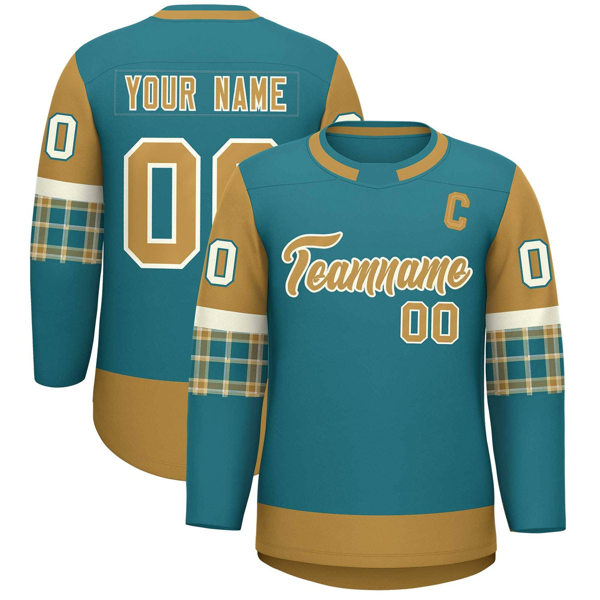 Custom Aqua Old Gold Personalized Raglan Sleeves Round-Neck Hockey Jersey | KXKSHOP