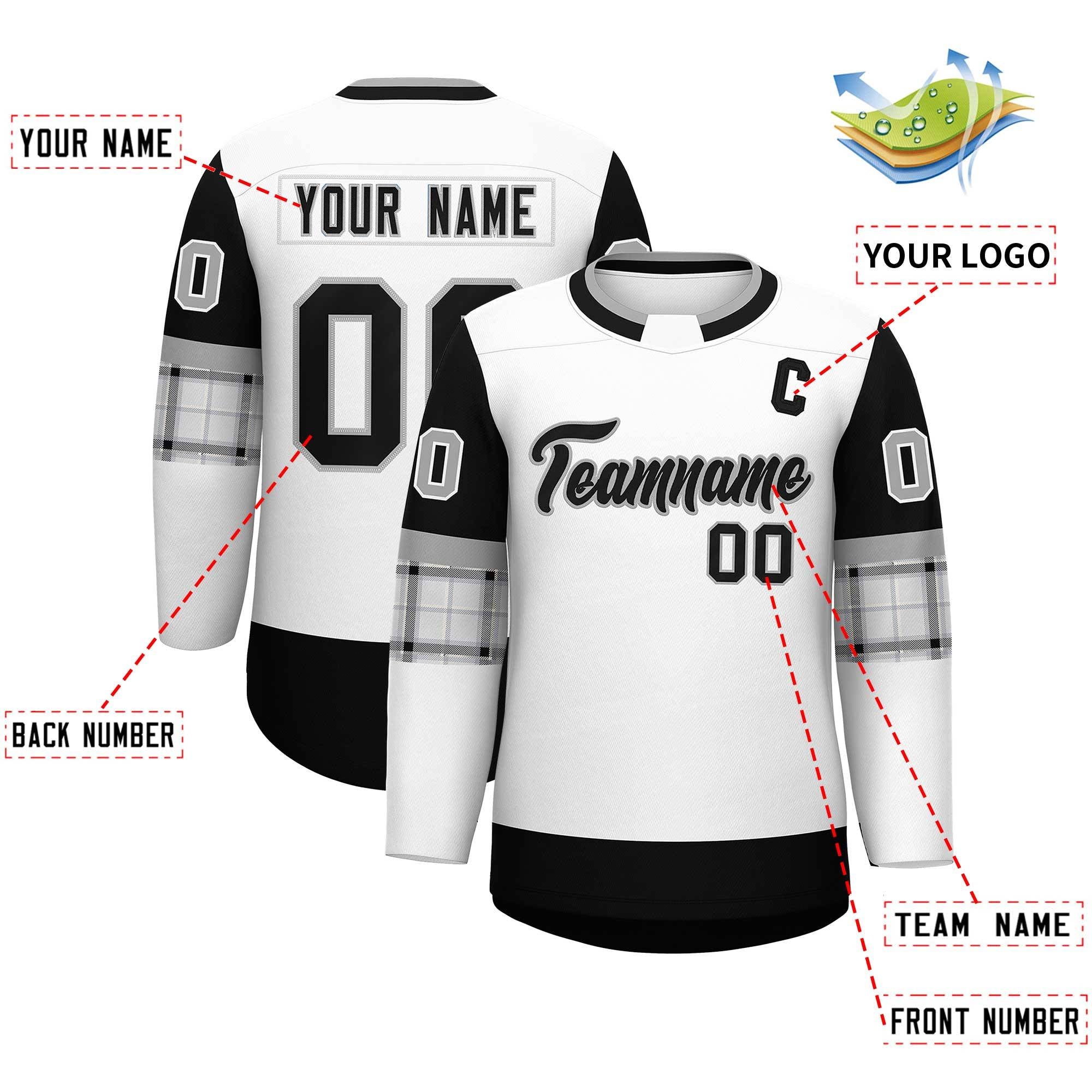 Custom White Black Personalized Raglan Sleeves Round-Neck Hockey Jersey | KXKSHOP