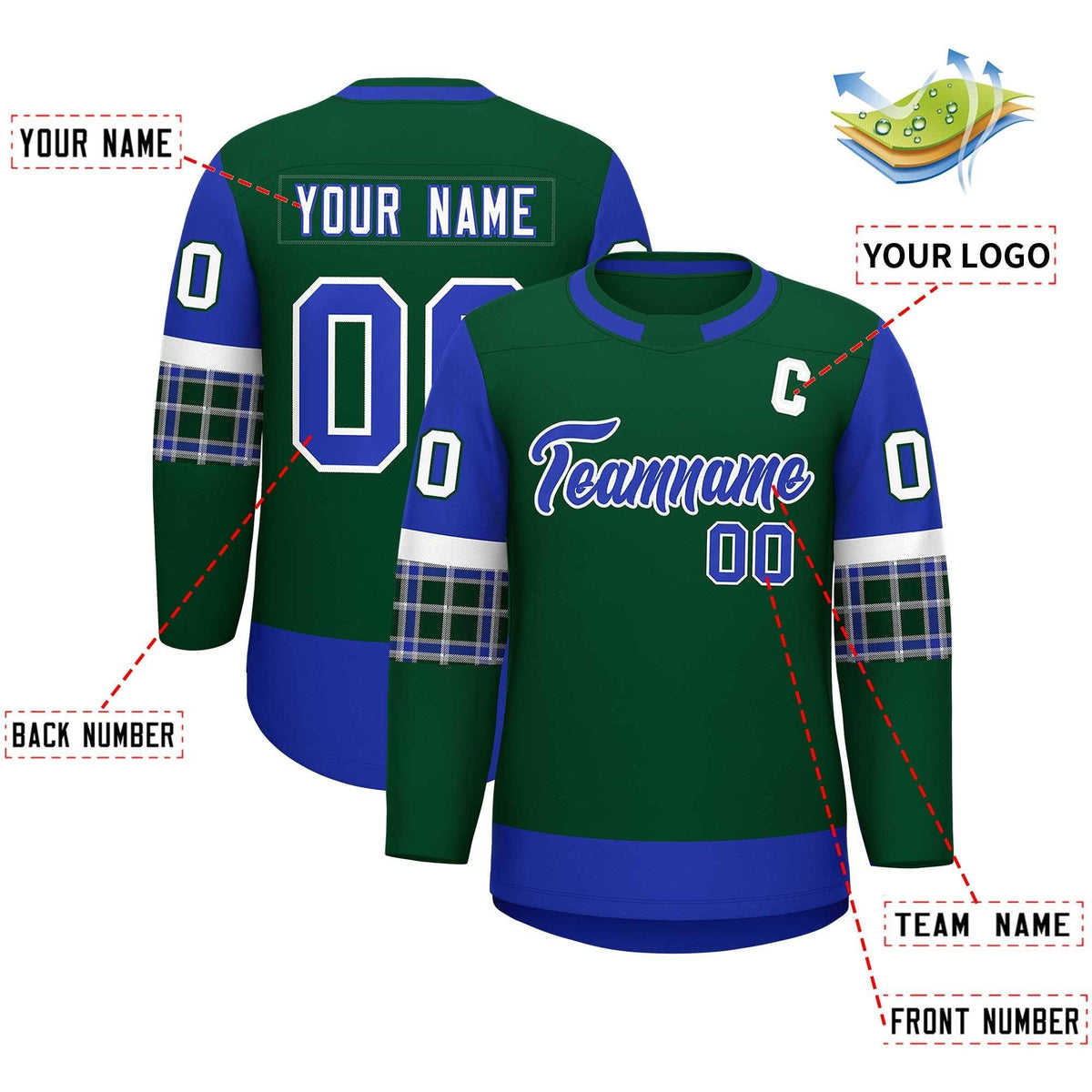 Custom Green Royal Personalized Raglan Sleeves Round-Neck Hockey Jersey | KXKSHOP